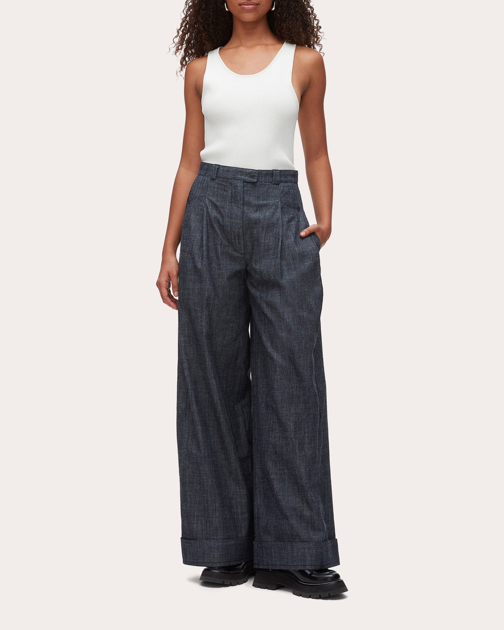 Denim Chambray Pleated Wide-Leg Pants