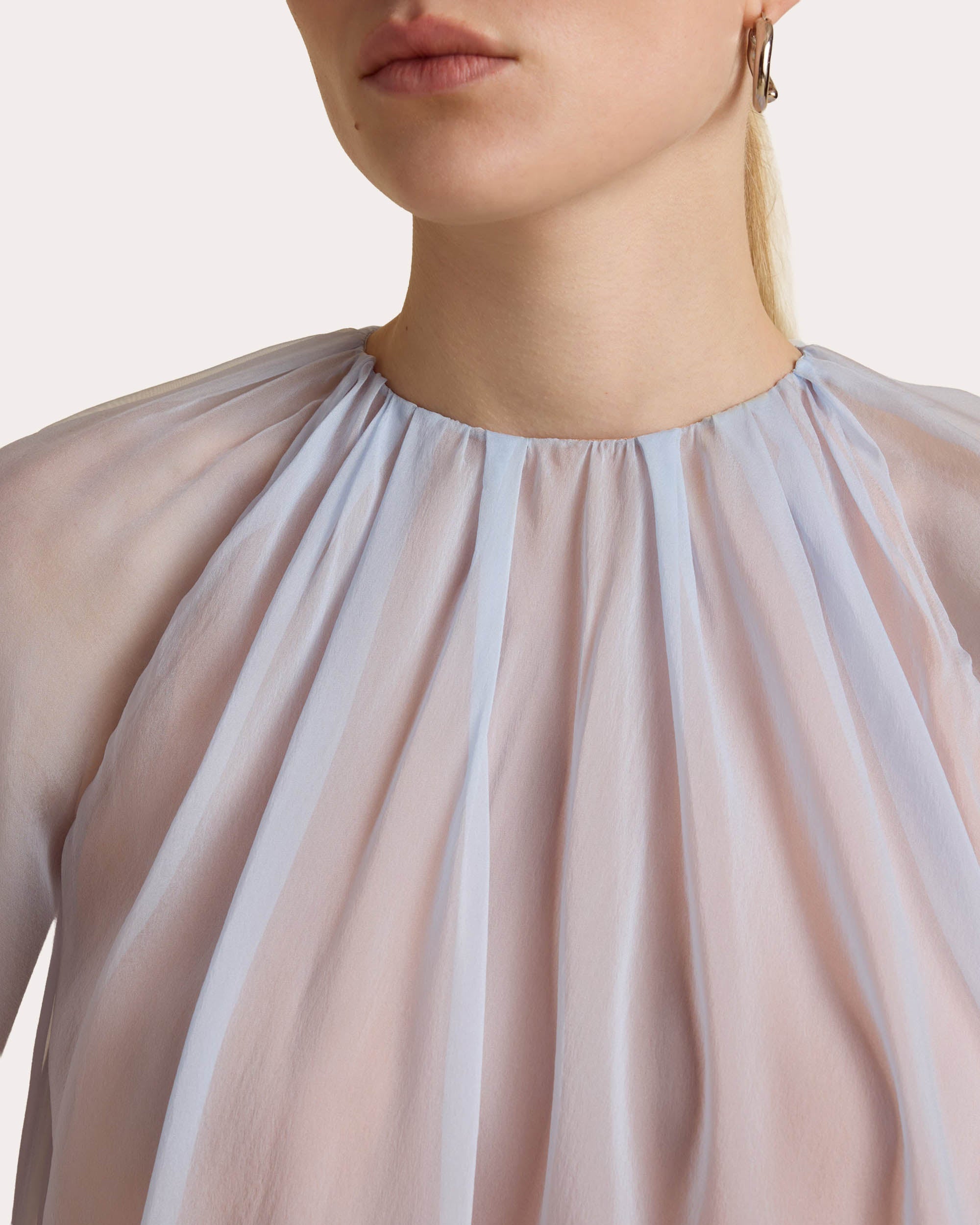 Silk Chiffon Gathered Long-Sleeve Blouse