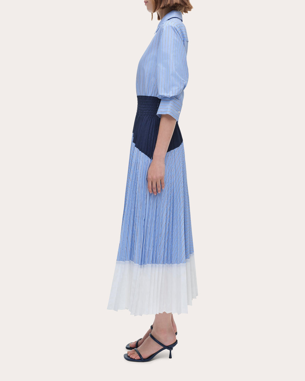 Jenella Stripe Poplin Pleated Midi Shirt Dress