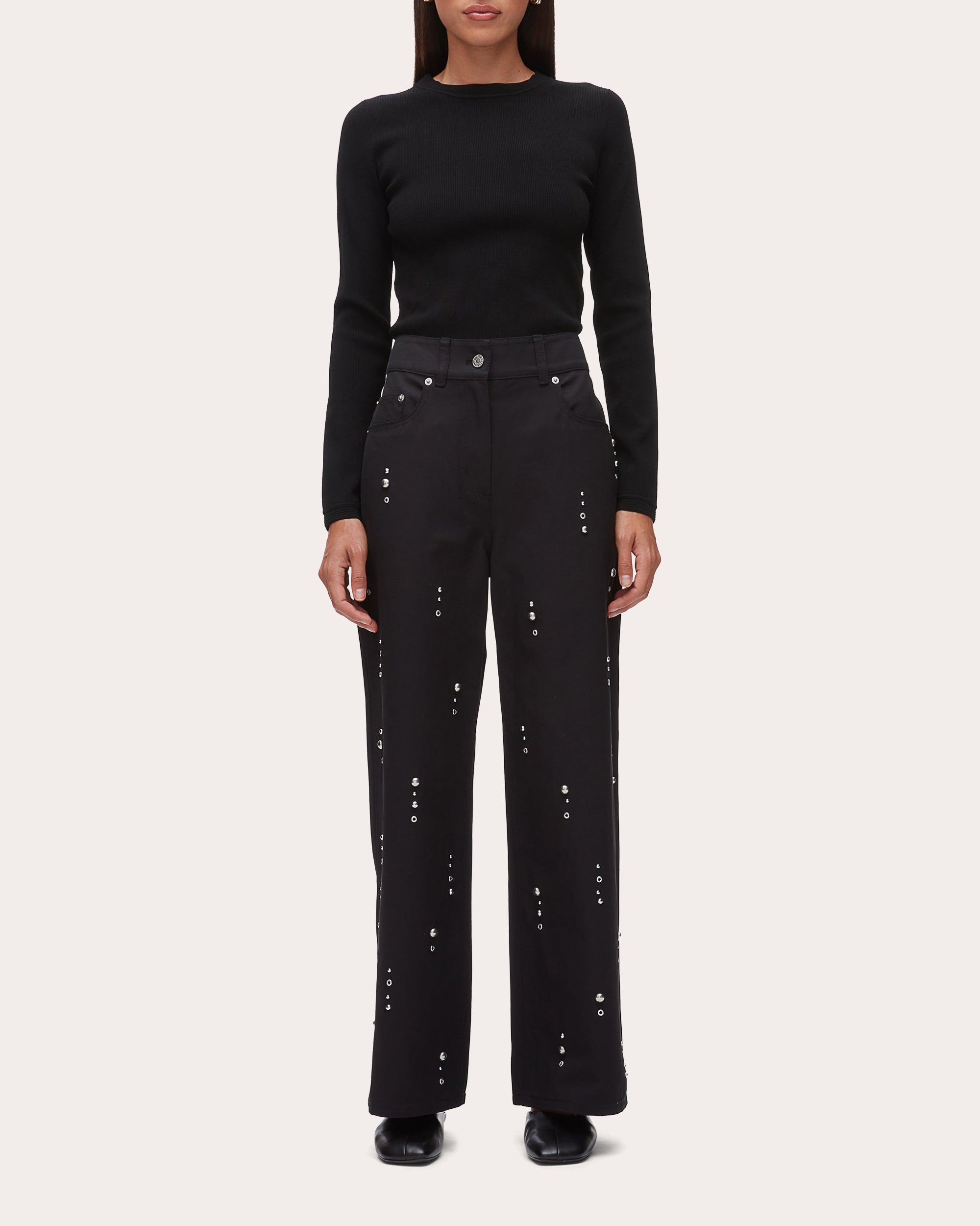 Studded Twill Wide-Leg Pants