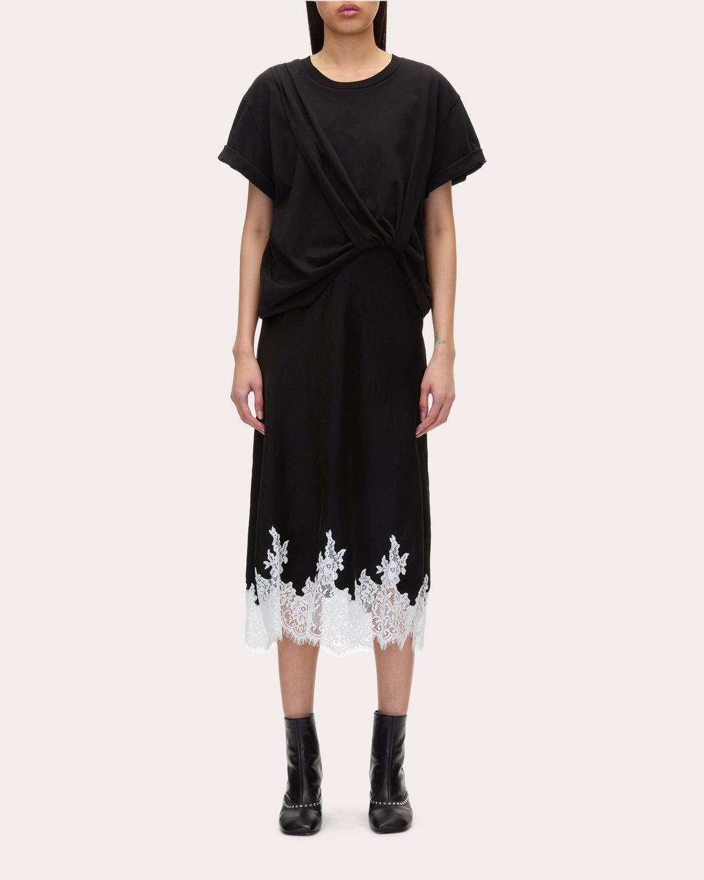 Satin Jersey Lace Combo Tucked Midi Dress