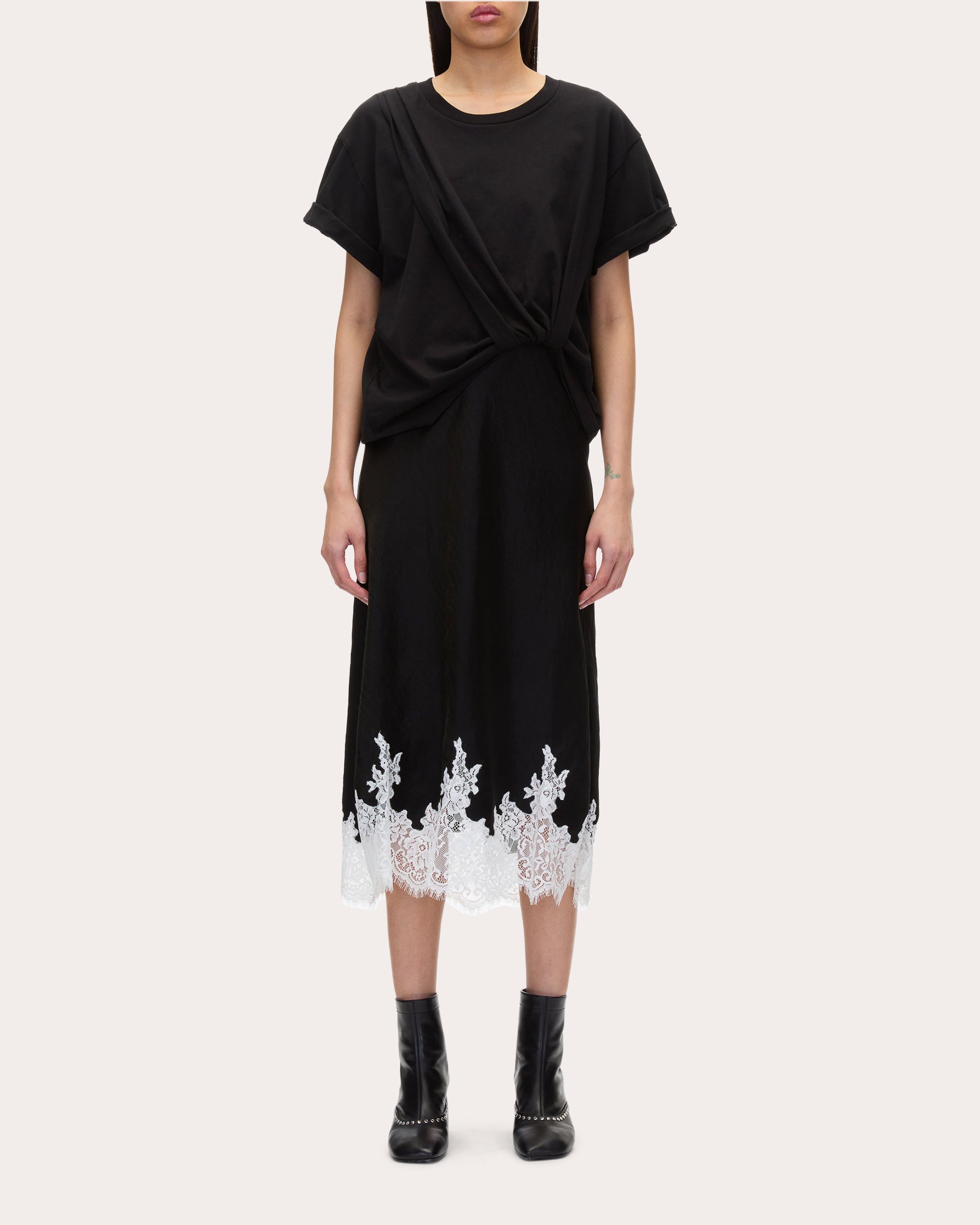 Satin Jersey Lace Combo Tucked Midi Dress