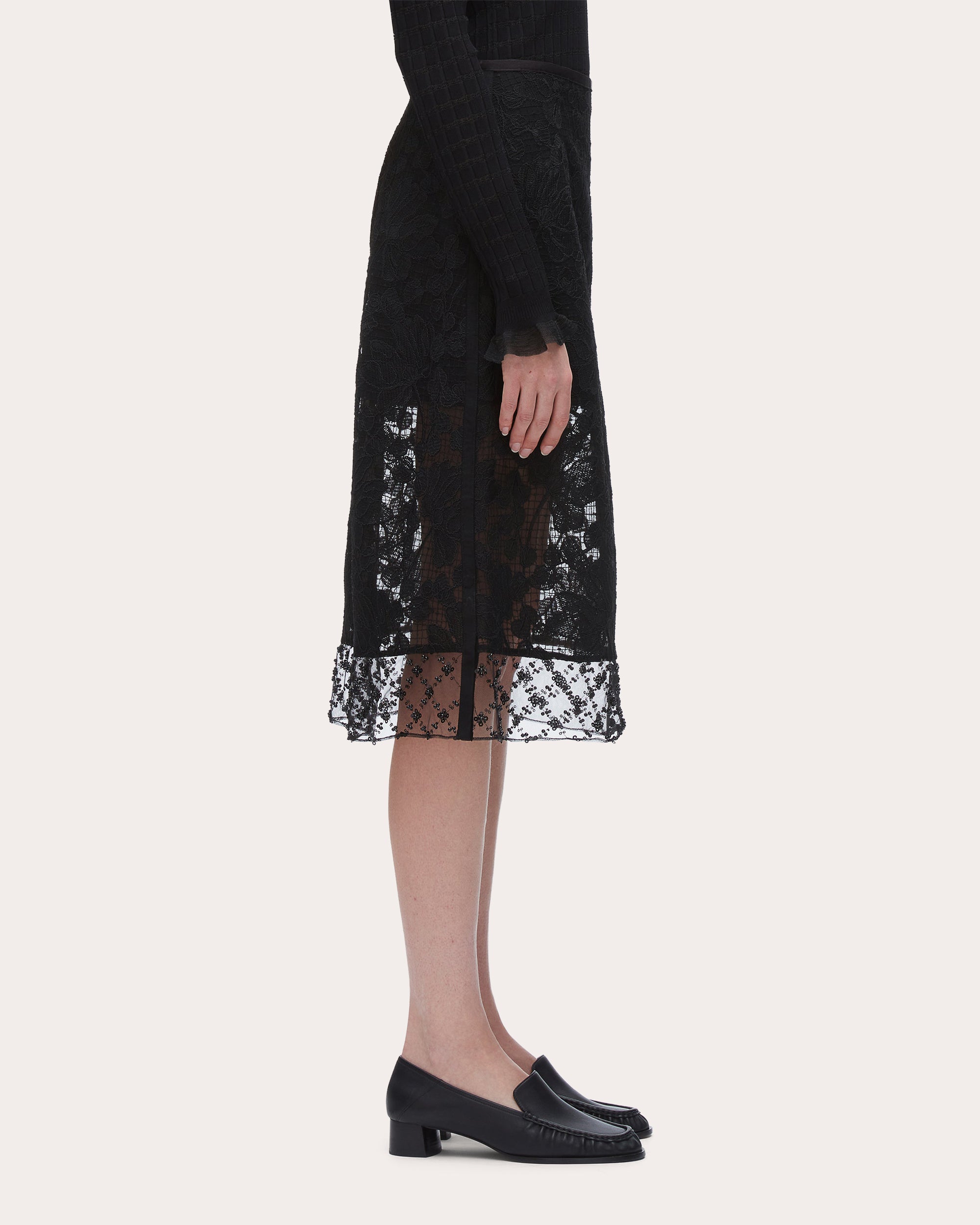 Beaded Floral Corded Lace Midi Skirt