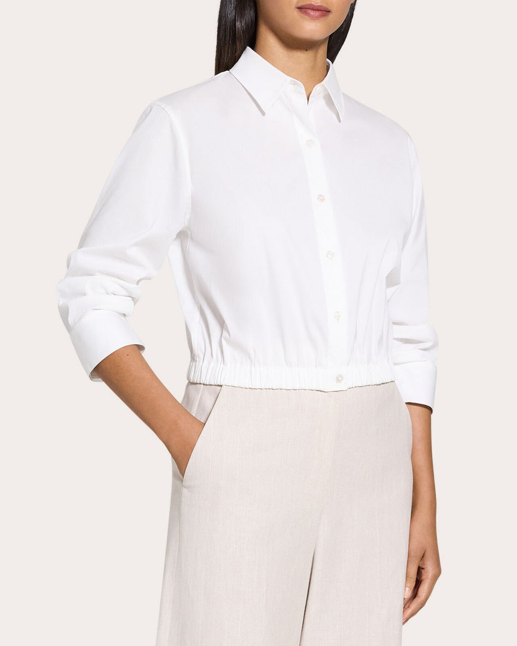 Gathered-Sleeve Cinched Button-Up