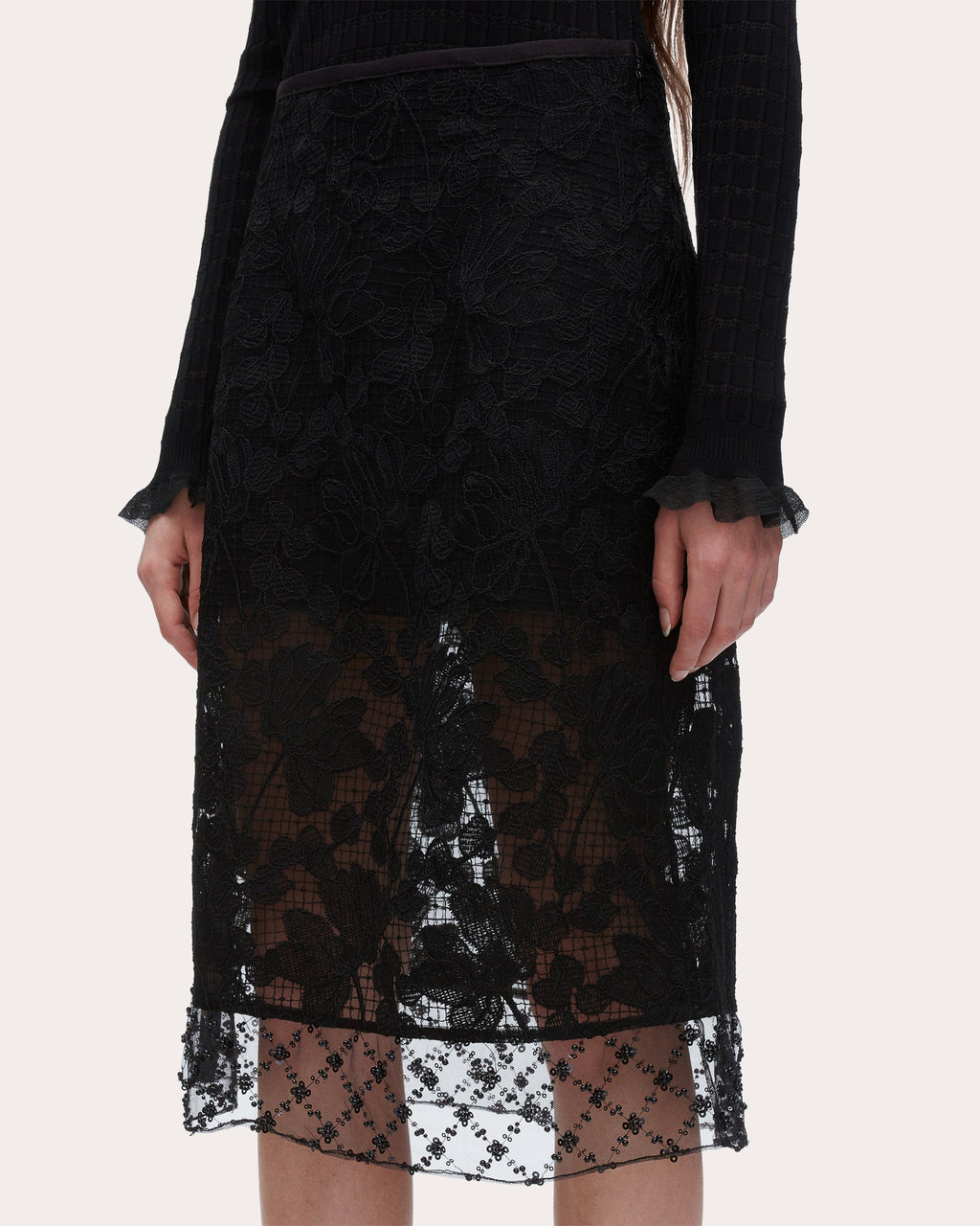 Beaded Floral Corded Lace Midi Skirt