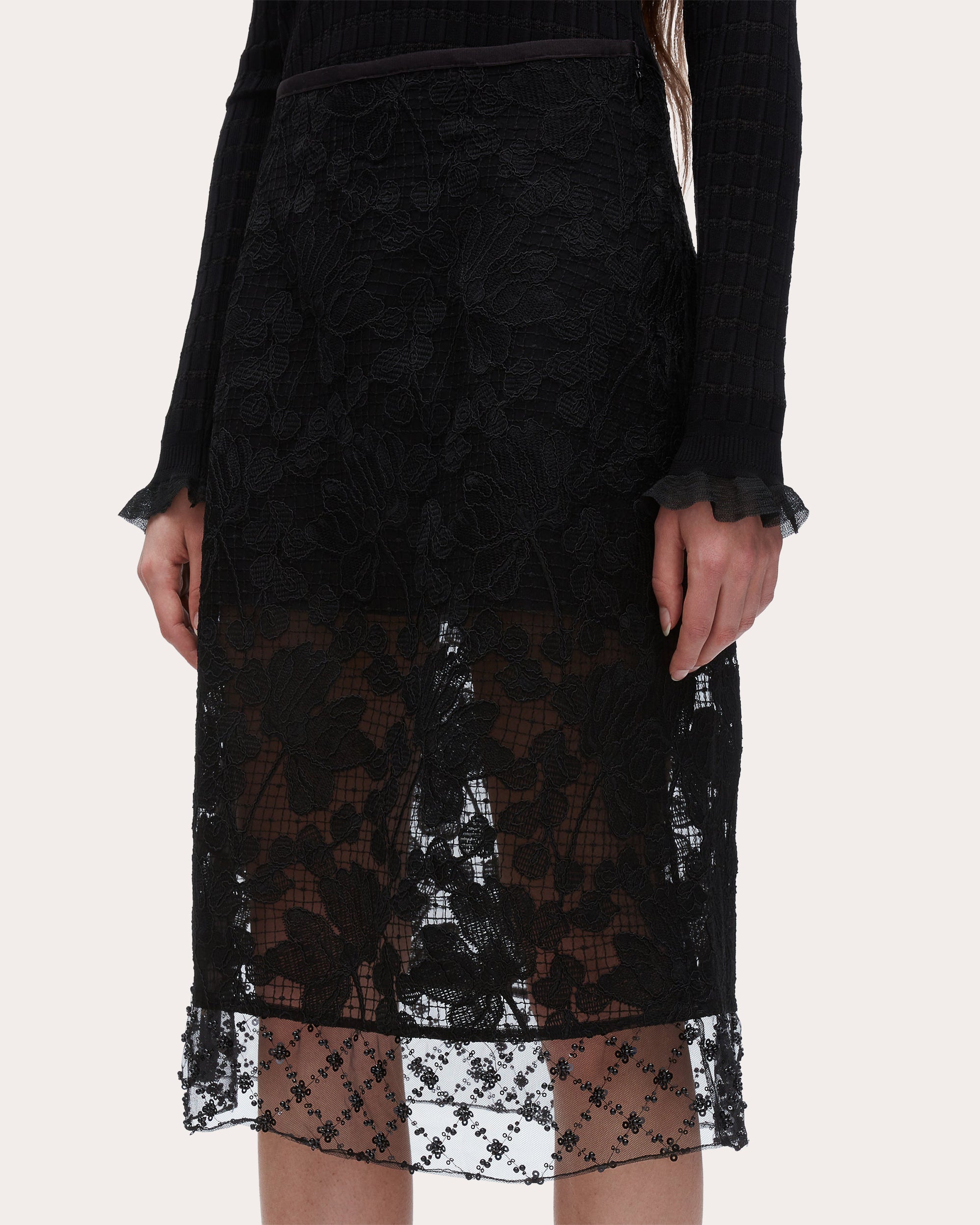 Beaded Floral Corded Lace Midi Skirt