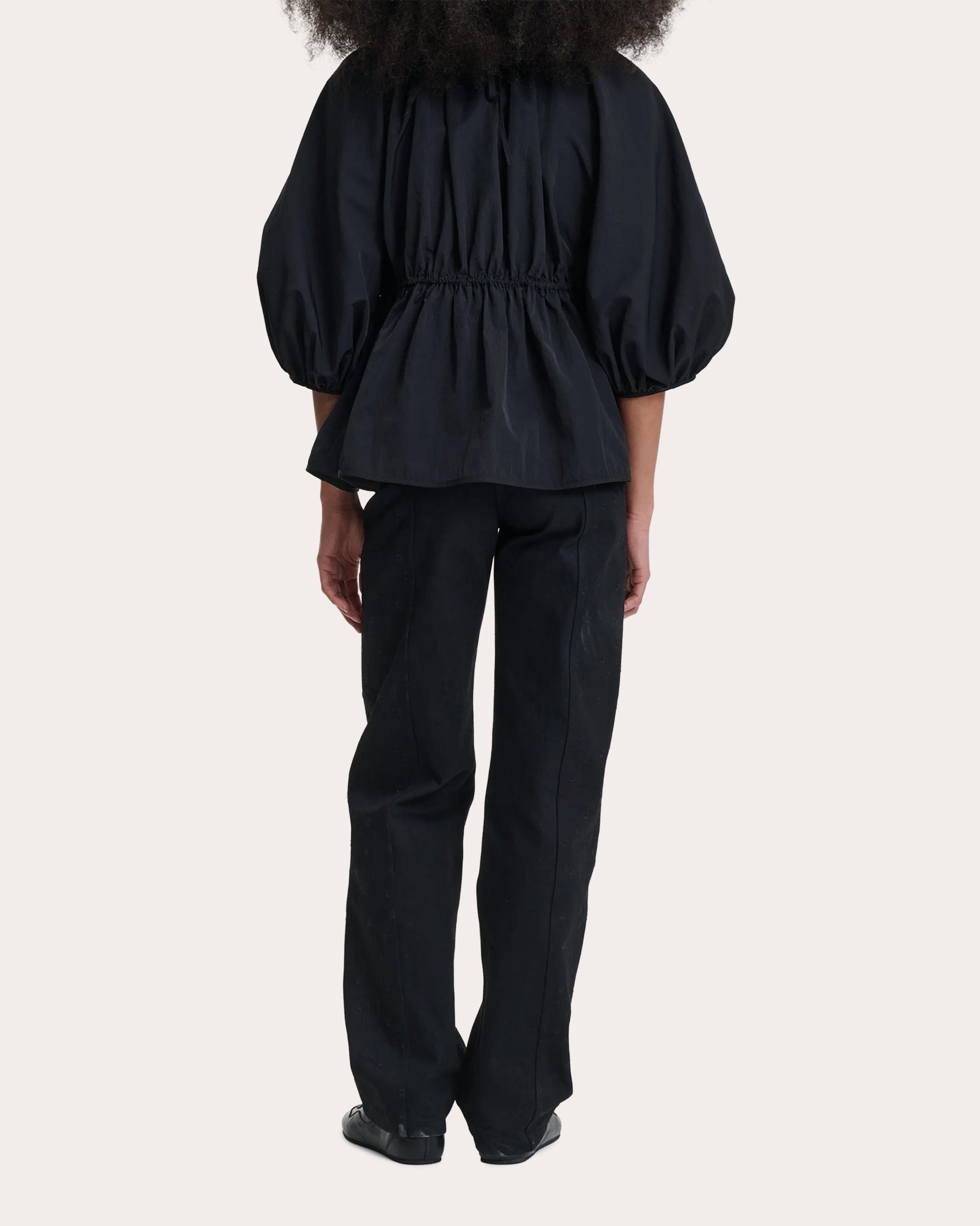 Berta Taffeta Puff-Sleeve Peplum Top
