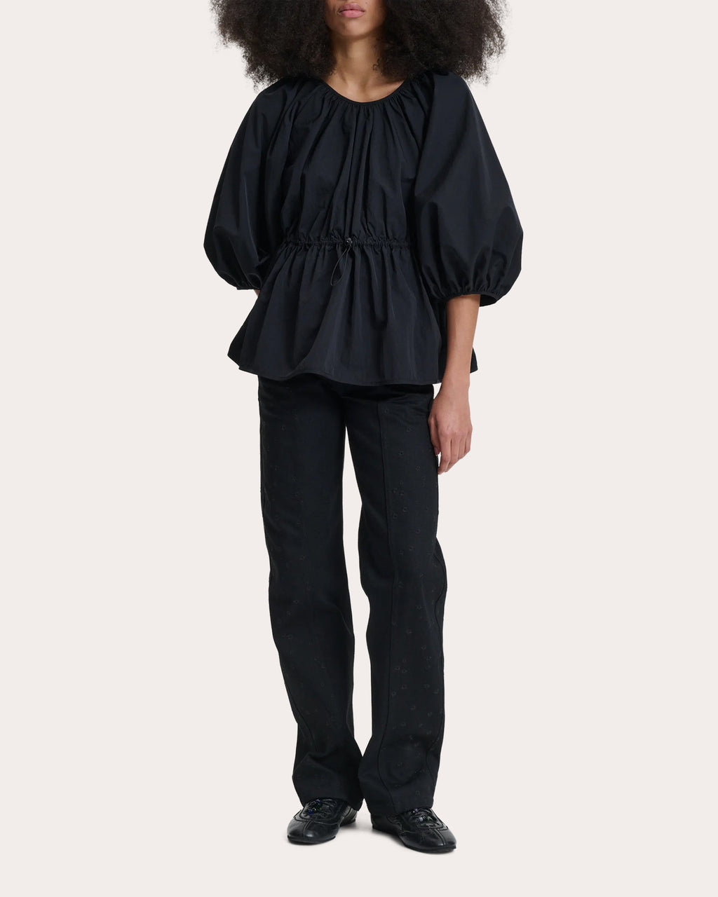 Berta Taffeta Puff-Sleeve Peplum Top