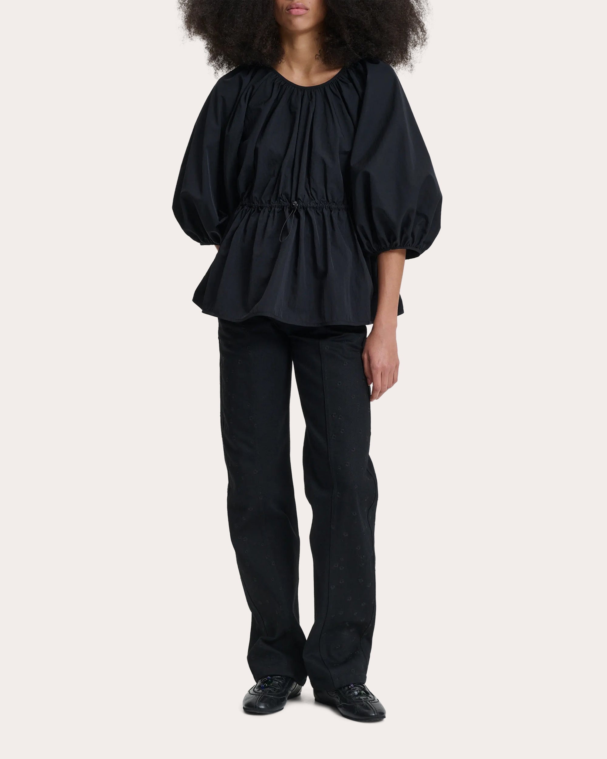 Berta Taffeta Puff-Sleeve Peplum Top