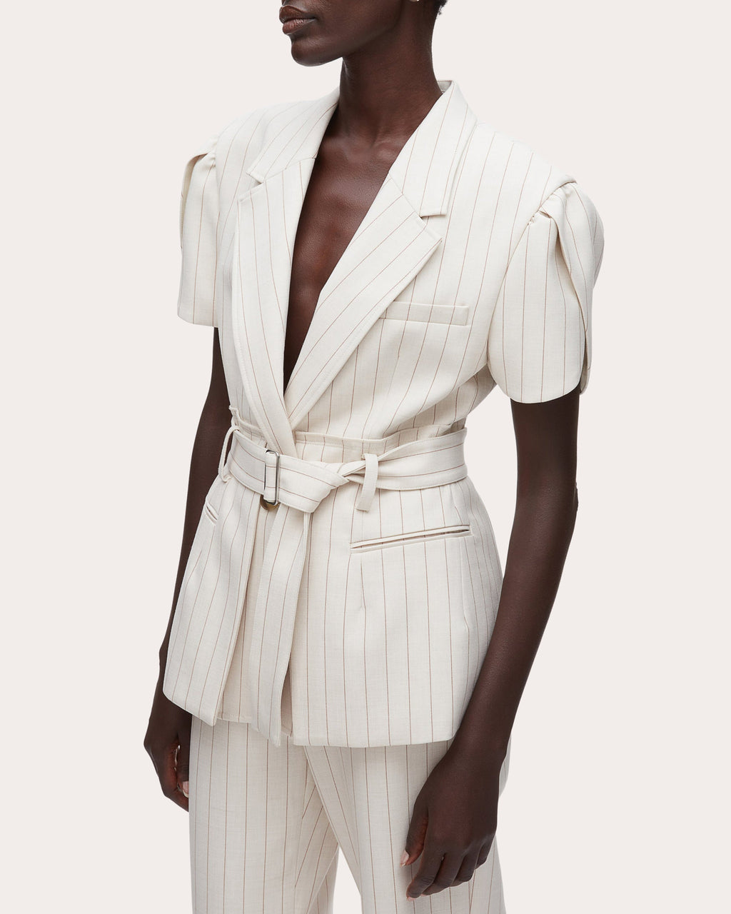Pinstripe Tulip-Sleeve Belted Blazer