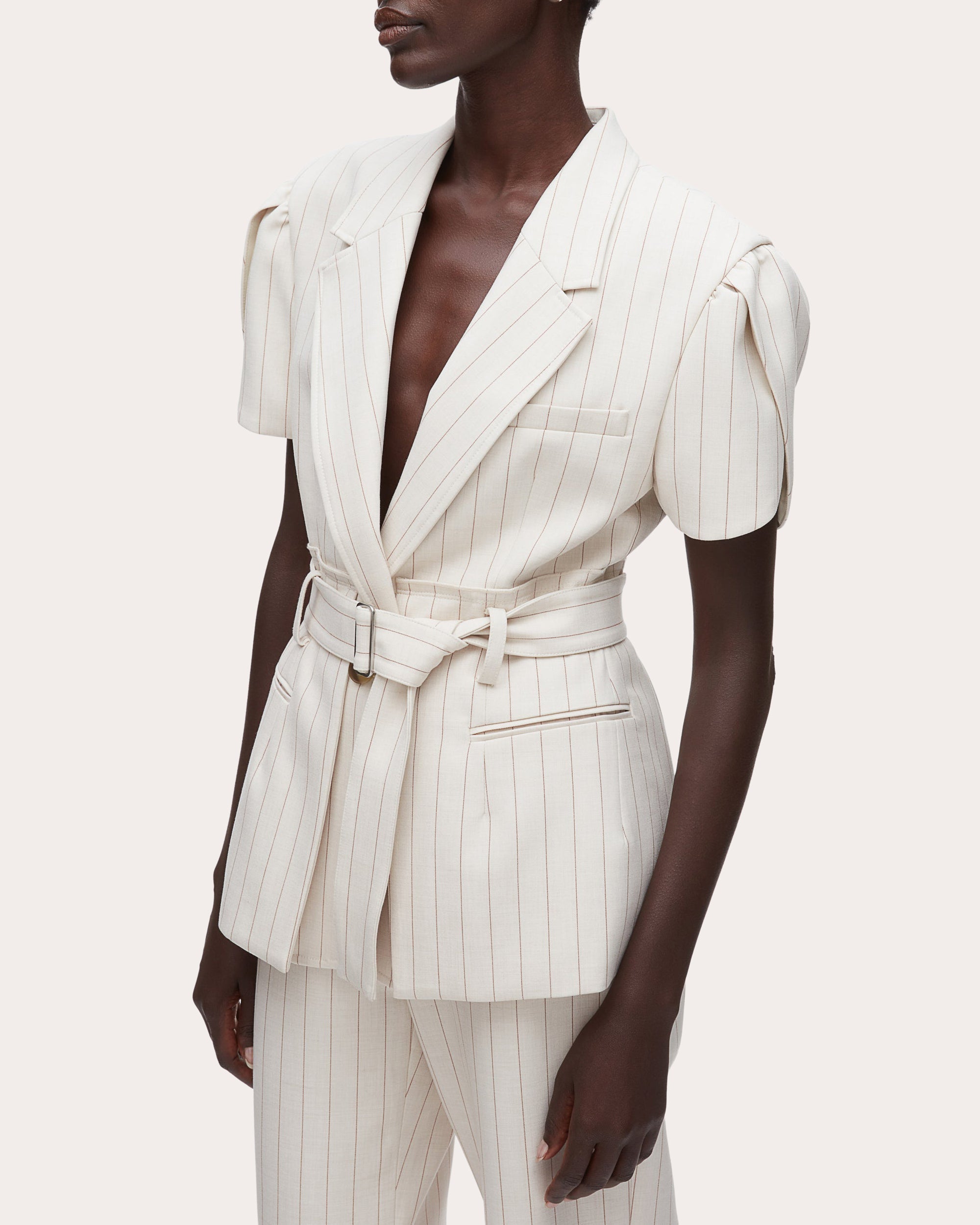 Pinstripe Tulip-Sleeve Belted Blazer