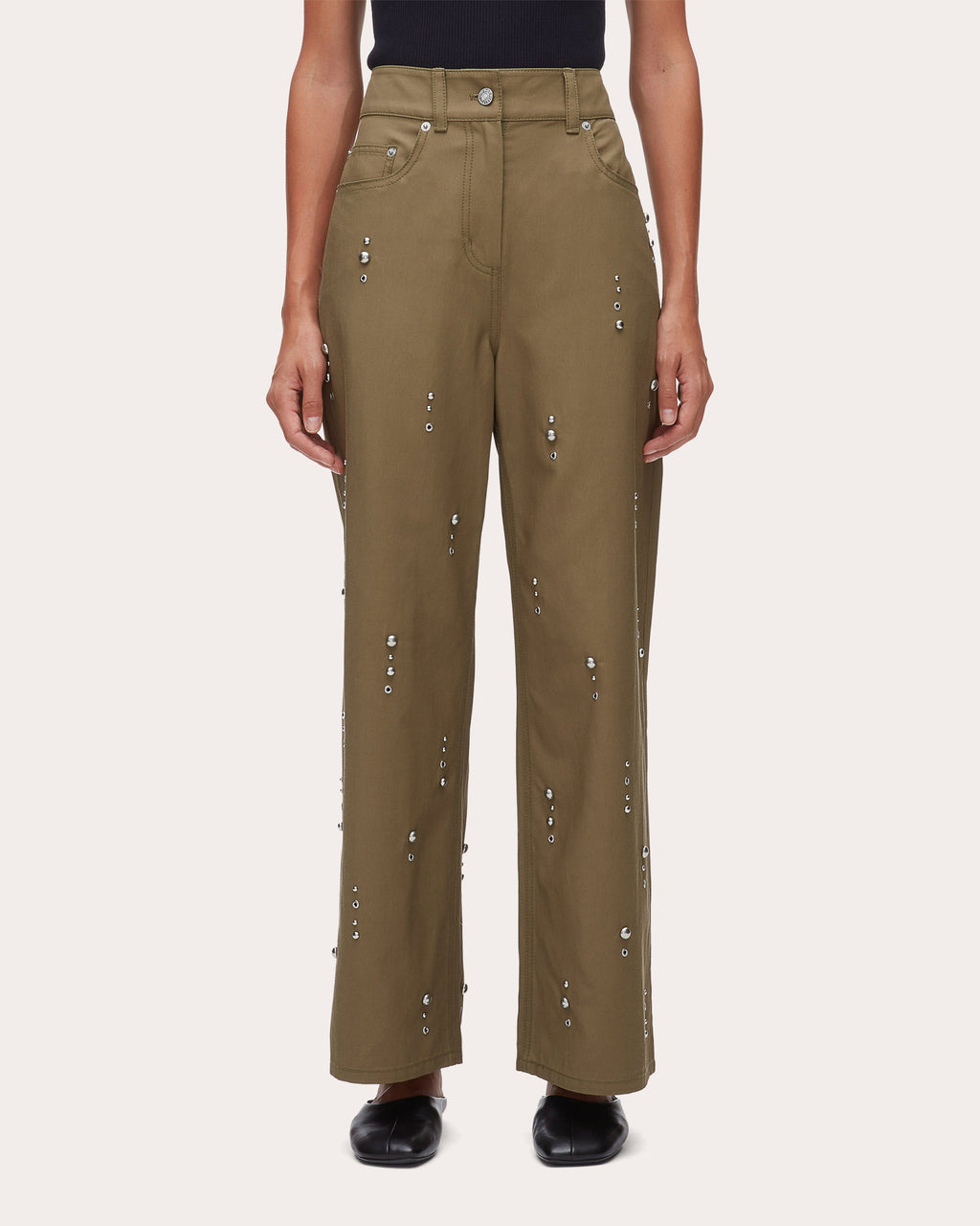 Studded Twill Wide-Leg Pants