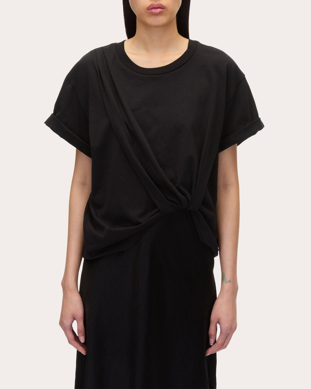 Satin Jersey Lace Combo Tucked Midi Dress