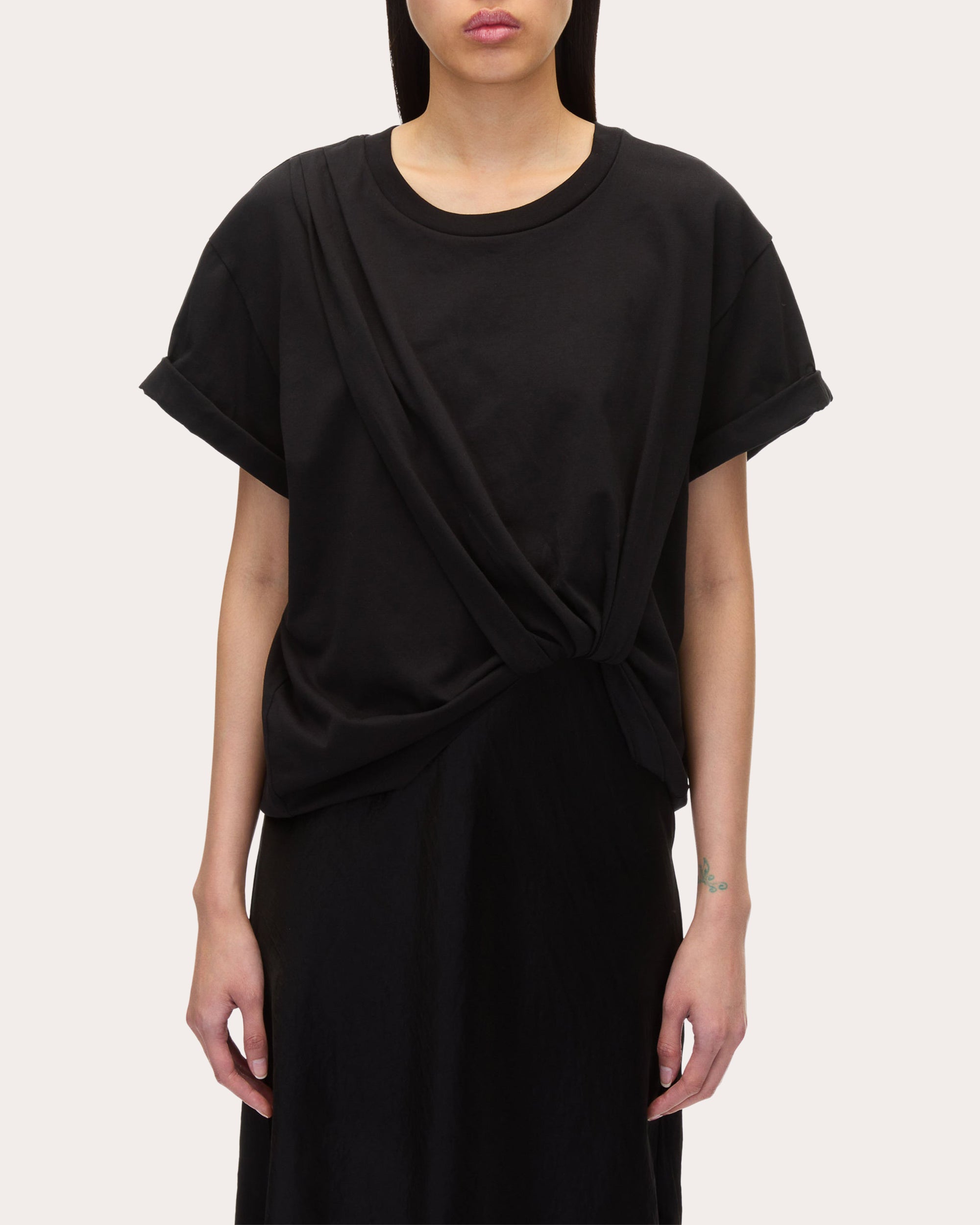 Satin Jersey Lace Combo Tucked Midi Dress