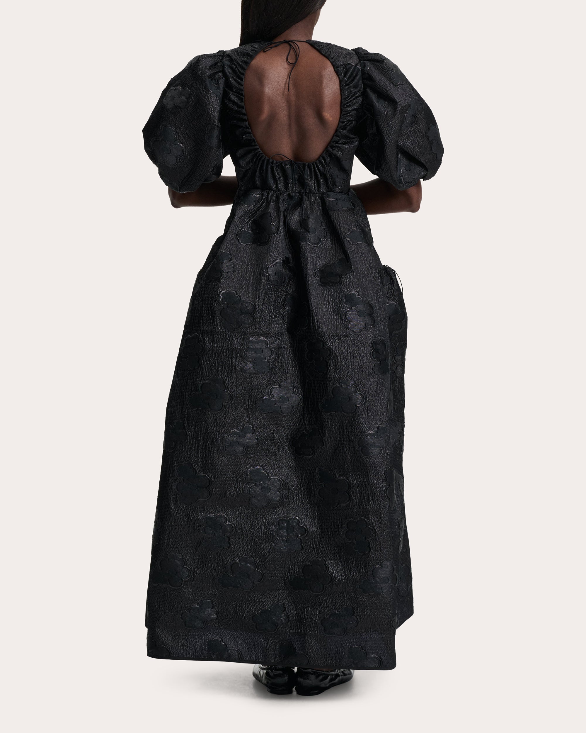 Lola Gathered Fil-Coupé Open Back Maxi Dress