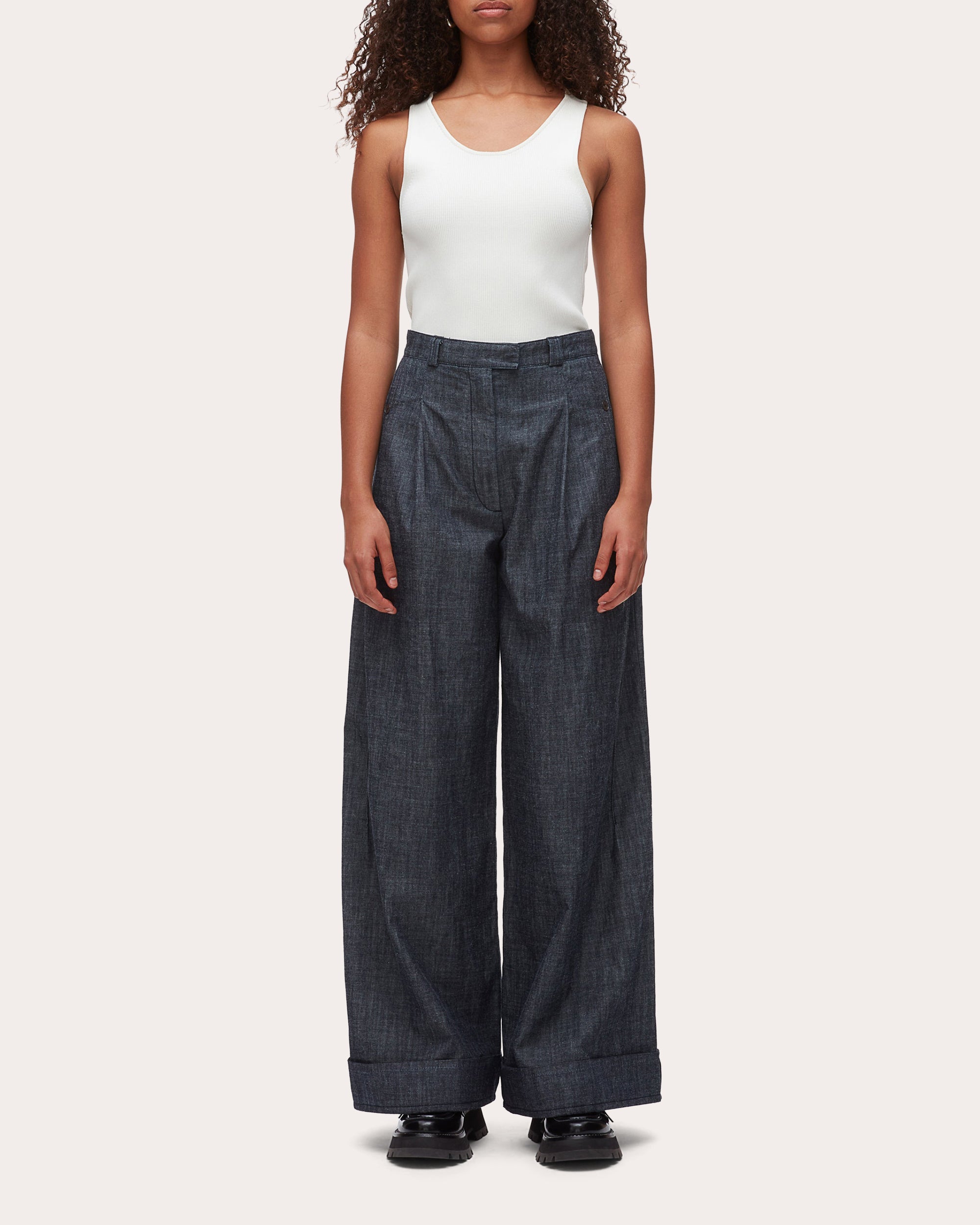 Denim Chambray Pleated Wide-Leg Pants