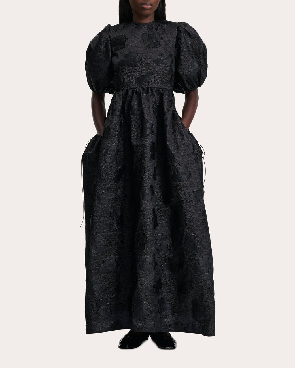 Lola Gathered Fil-Coupé Open Back Maxi Dress