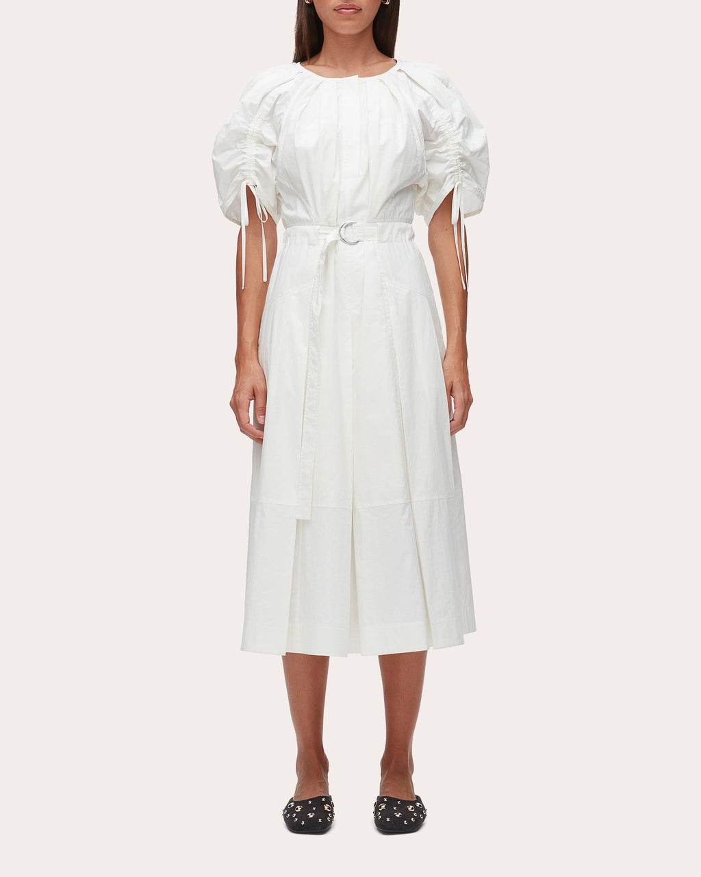 Cotton Poplin Ruched-Sleeve Midi Dress