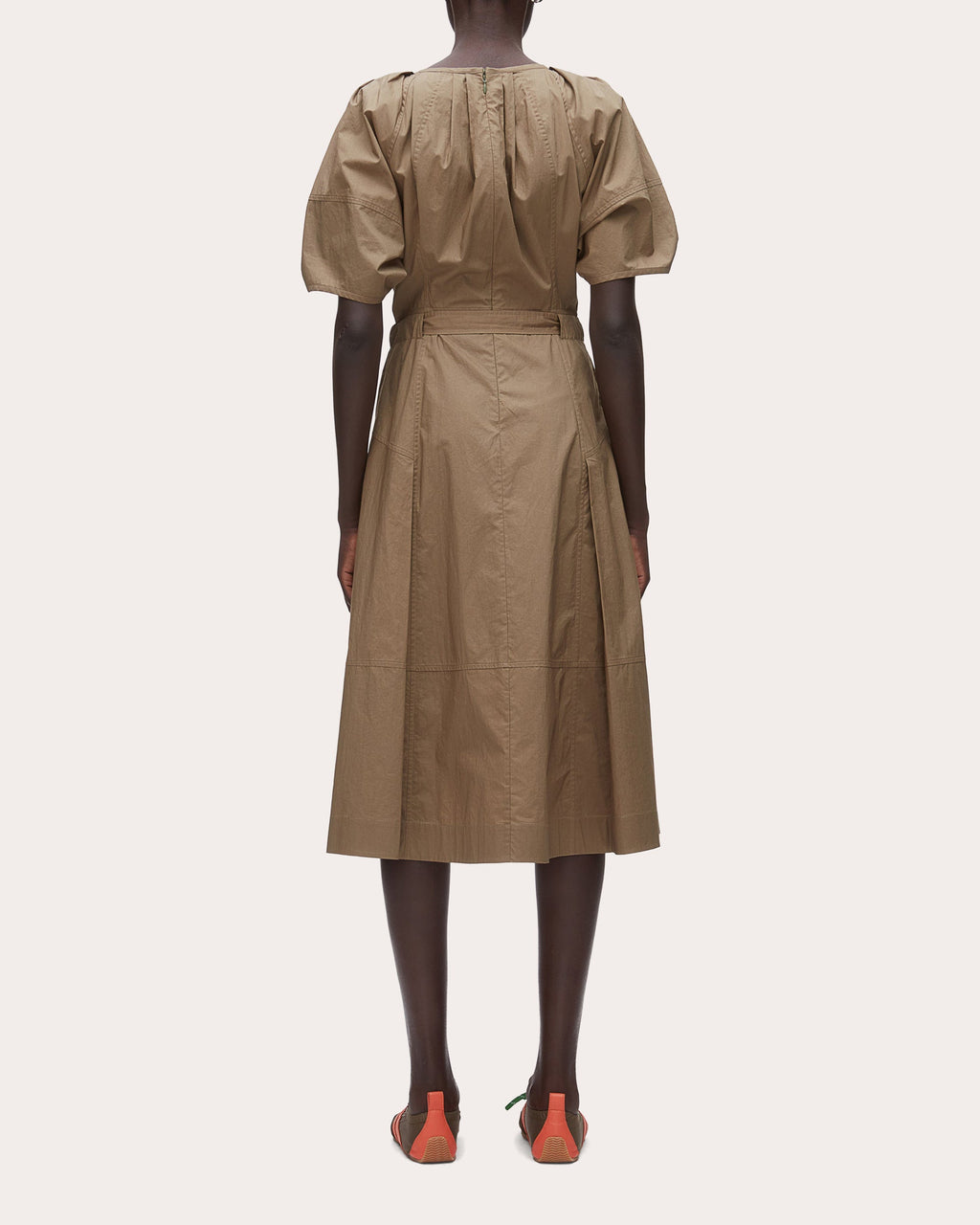 Cotton Poplin Ruched-Sleeve Midi Dress