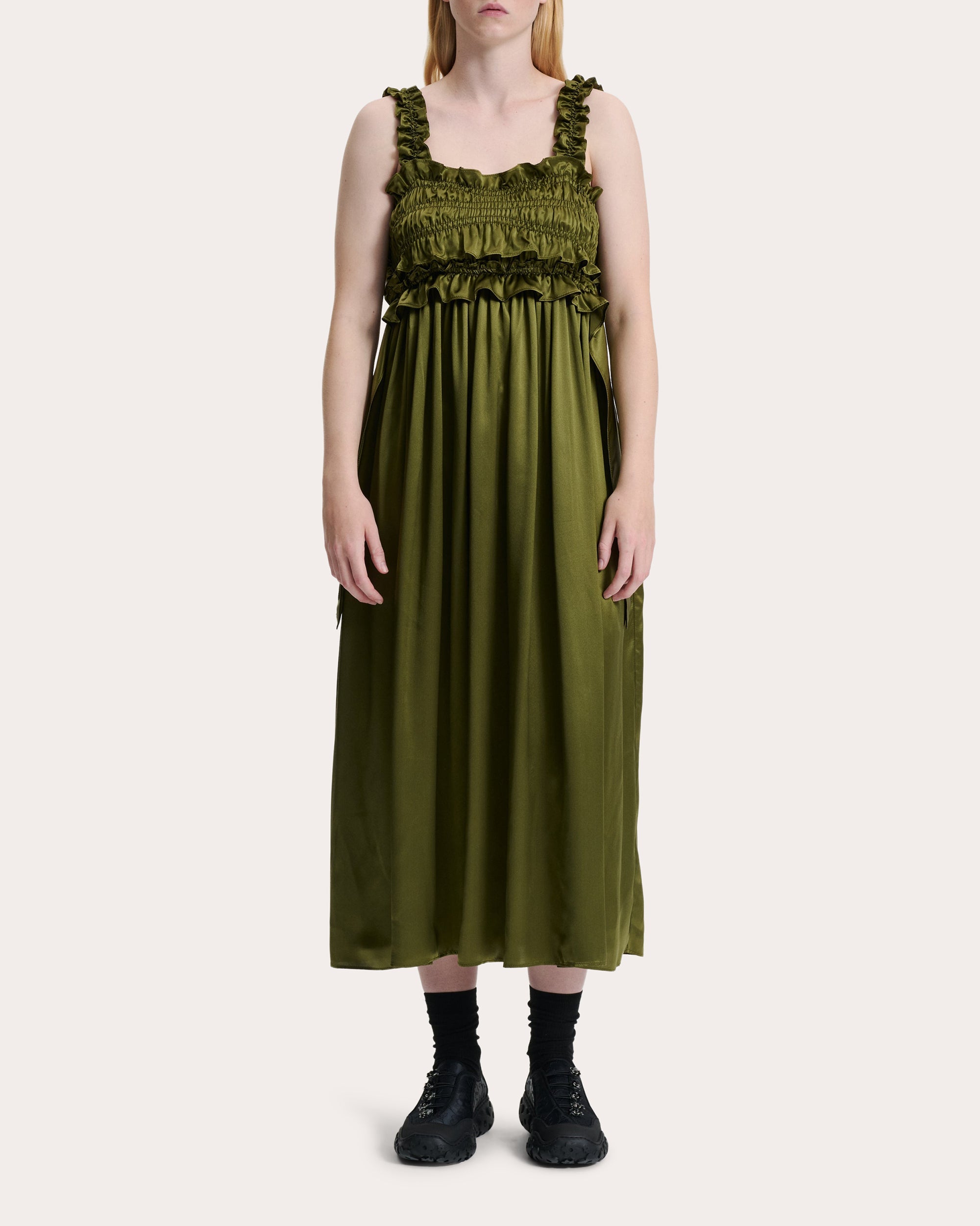 Giovanna Smocked Ruffle-Trimmed Silk Satin Midi Dress