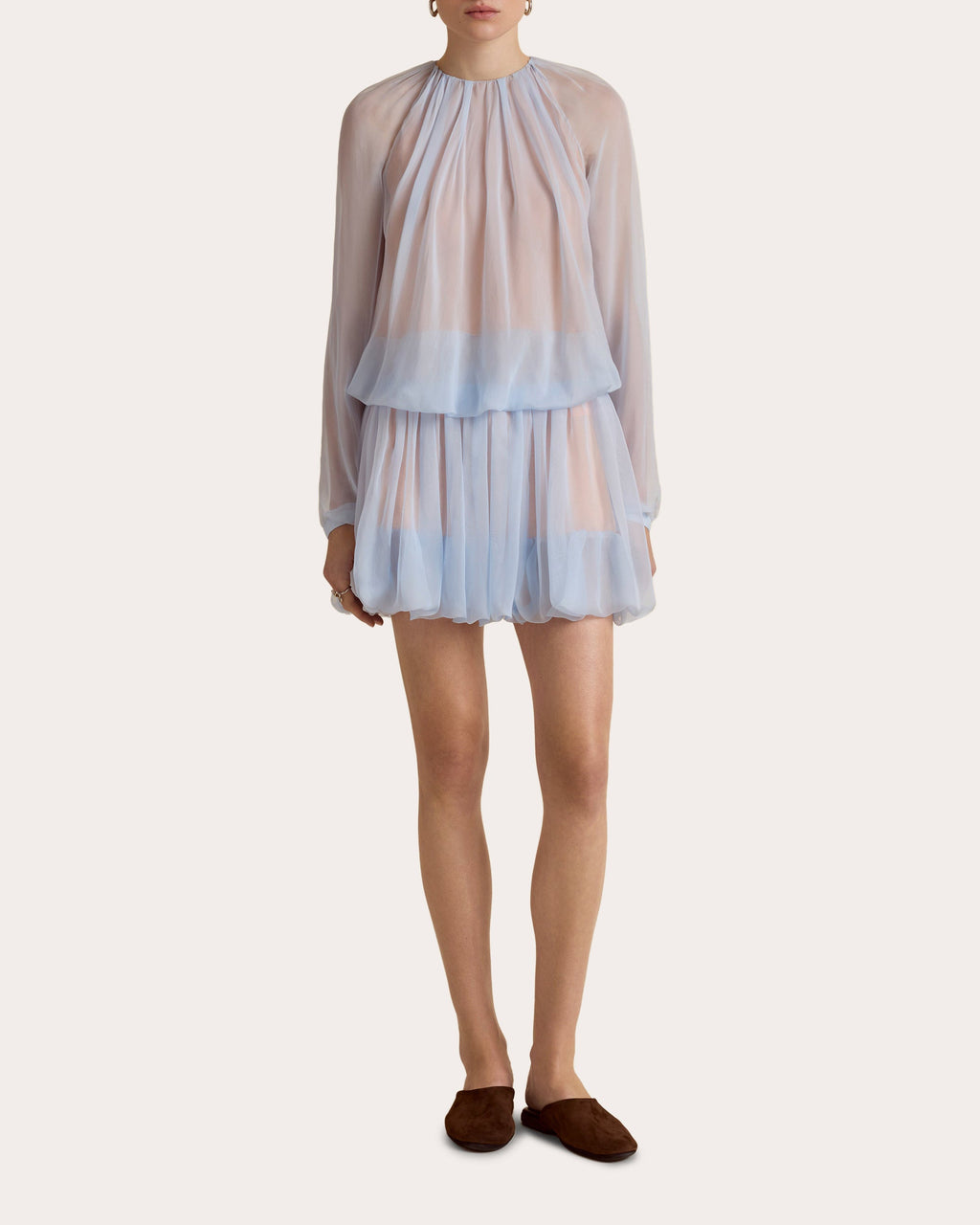 Silk Chiffon Gathered Long-Sleeve Blouse