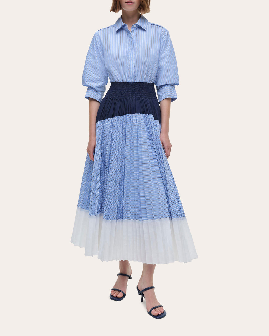 Jenella Stripe Poplin Pleated Midi Shirt Dress