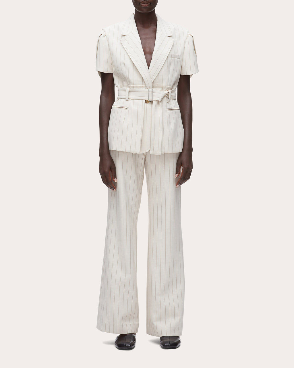 Pinstripe Tulip-Sleeve Belted Blazer