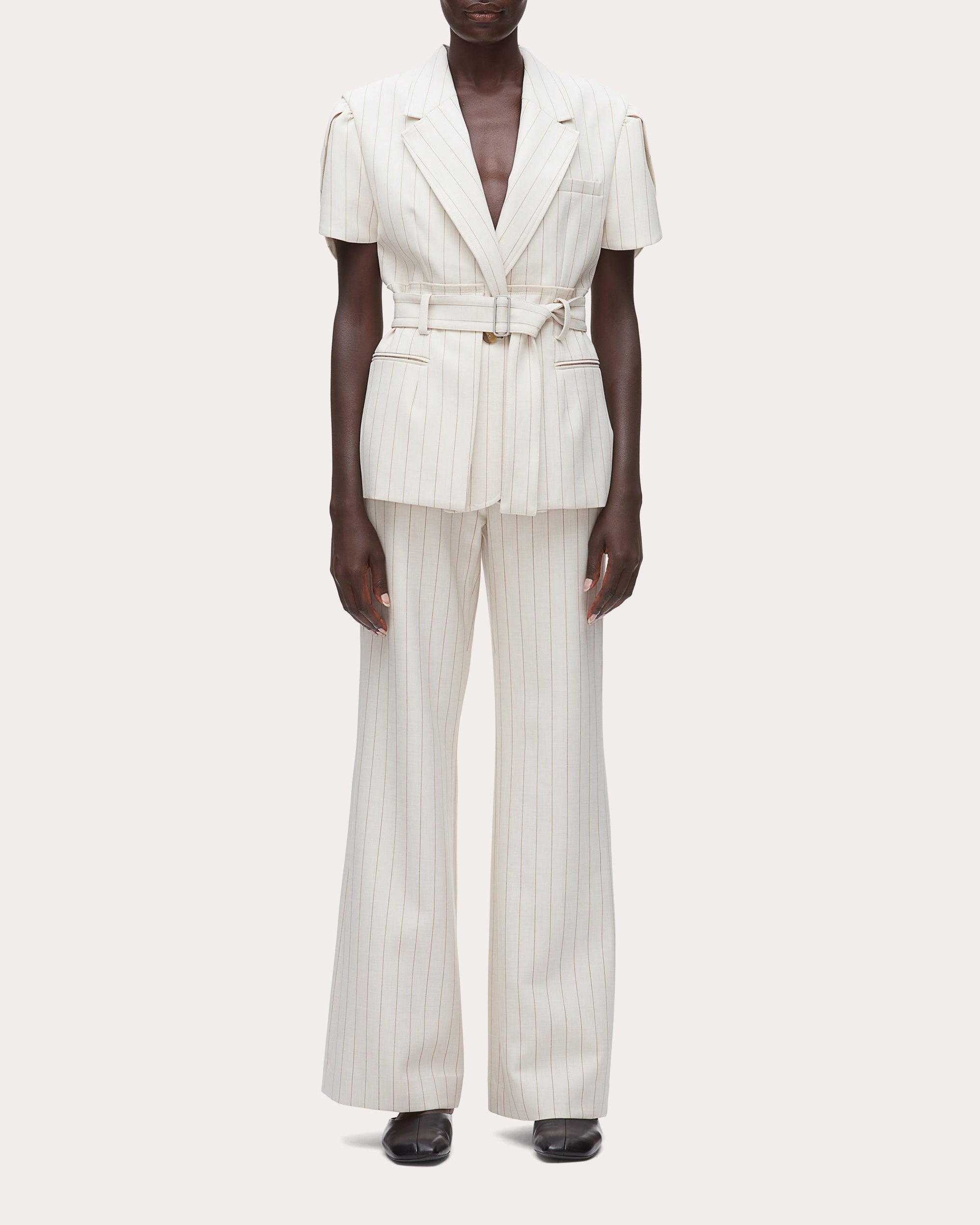 Pinstripe Tulip-Sleeve Belted Blazer