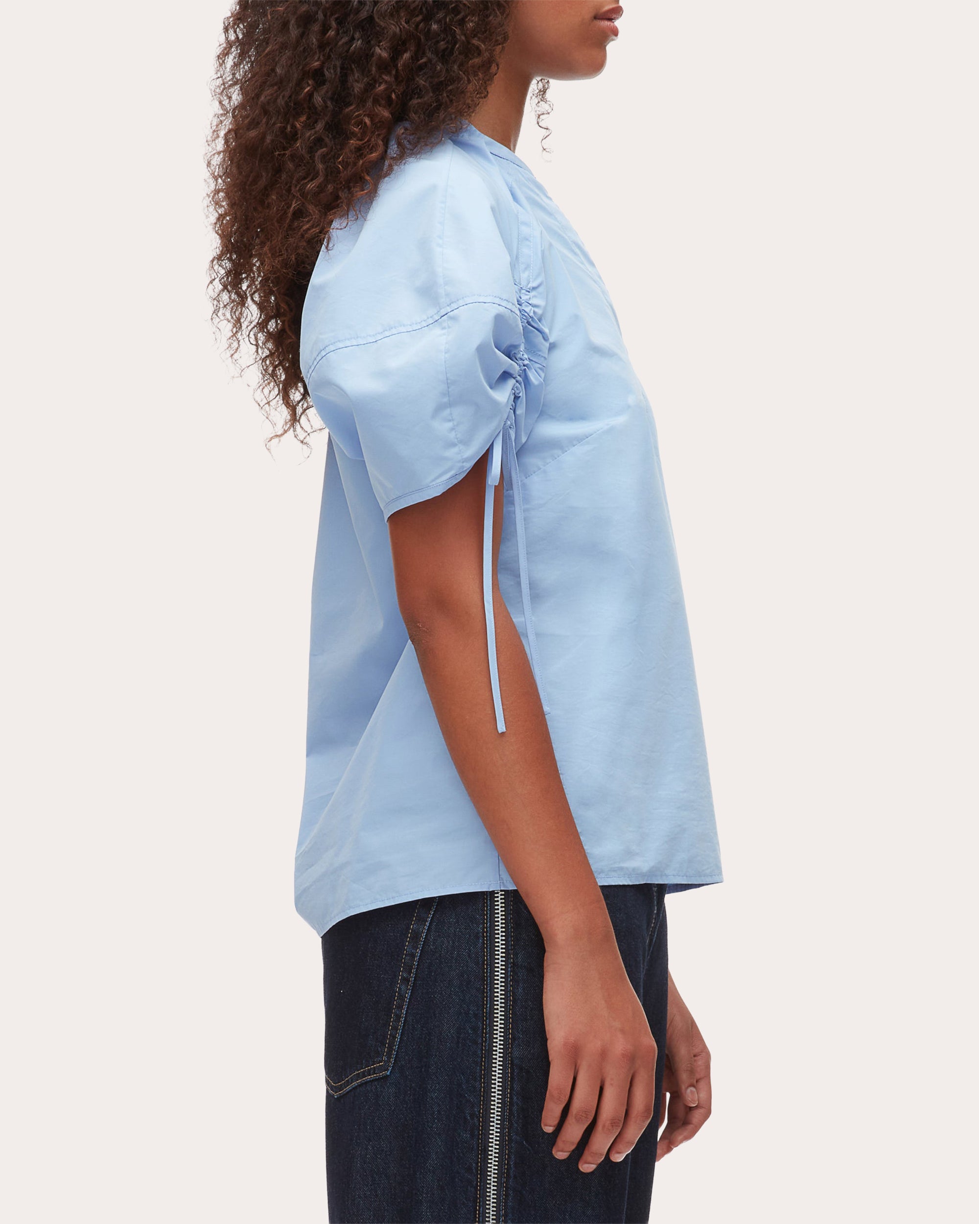 Cotton Poplin Ruched Puff-Sleeve Top