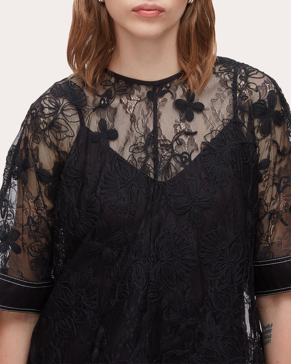 Sheer Floral Lace Flounce Top