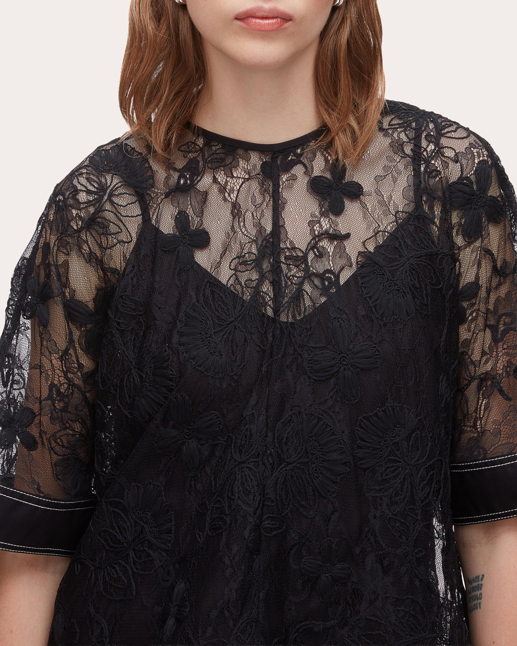 Sheer Floral Lace Flounce Top