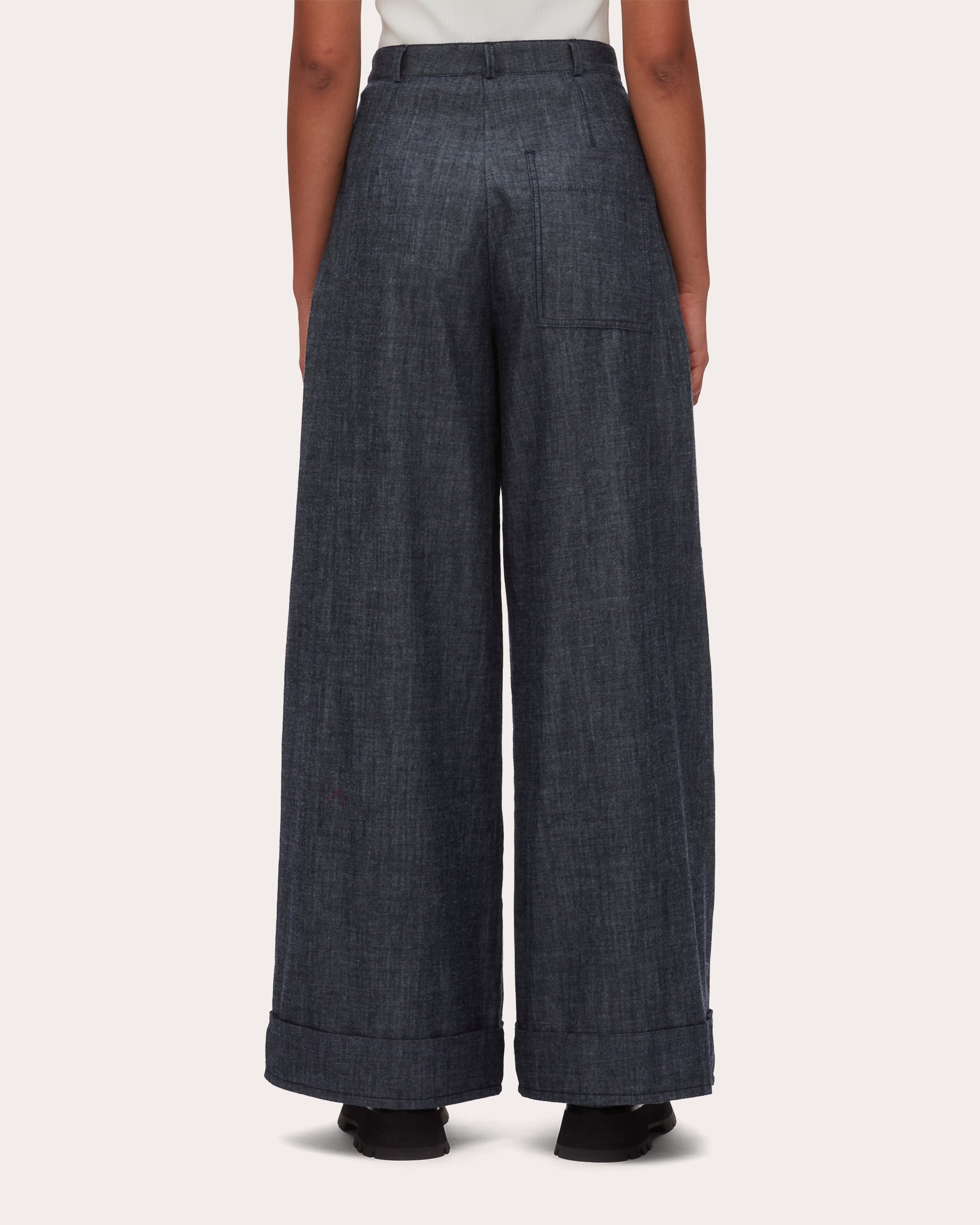 Denim Chambray Pleated Wide-Leg Pants