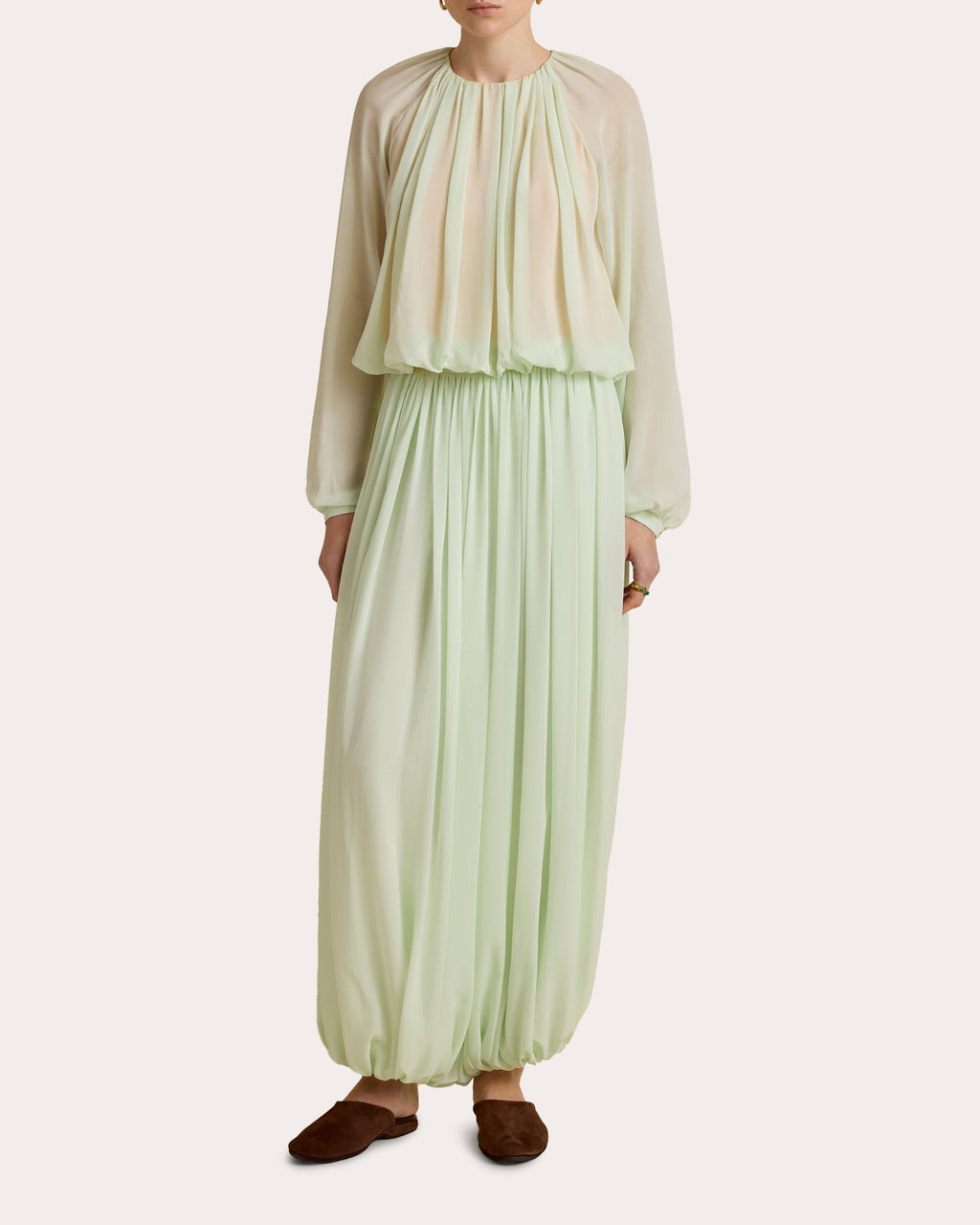 Silk Chiffon Gathered Long-Sleeve Blouse