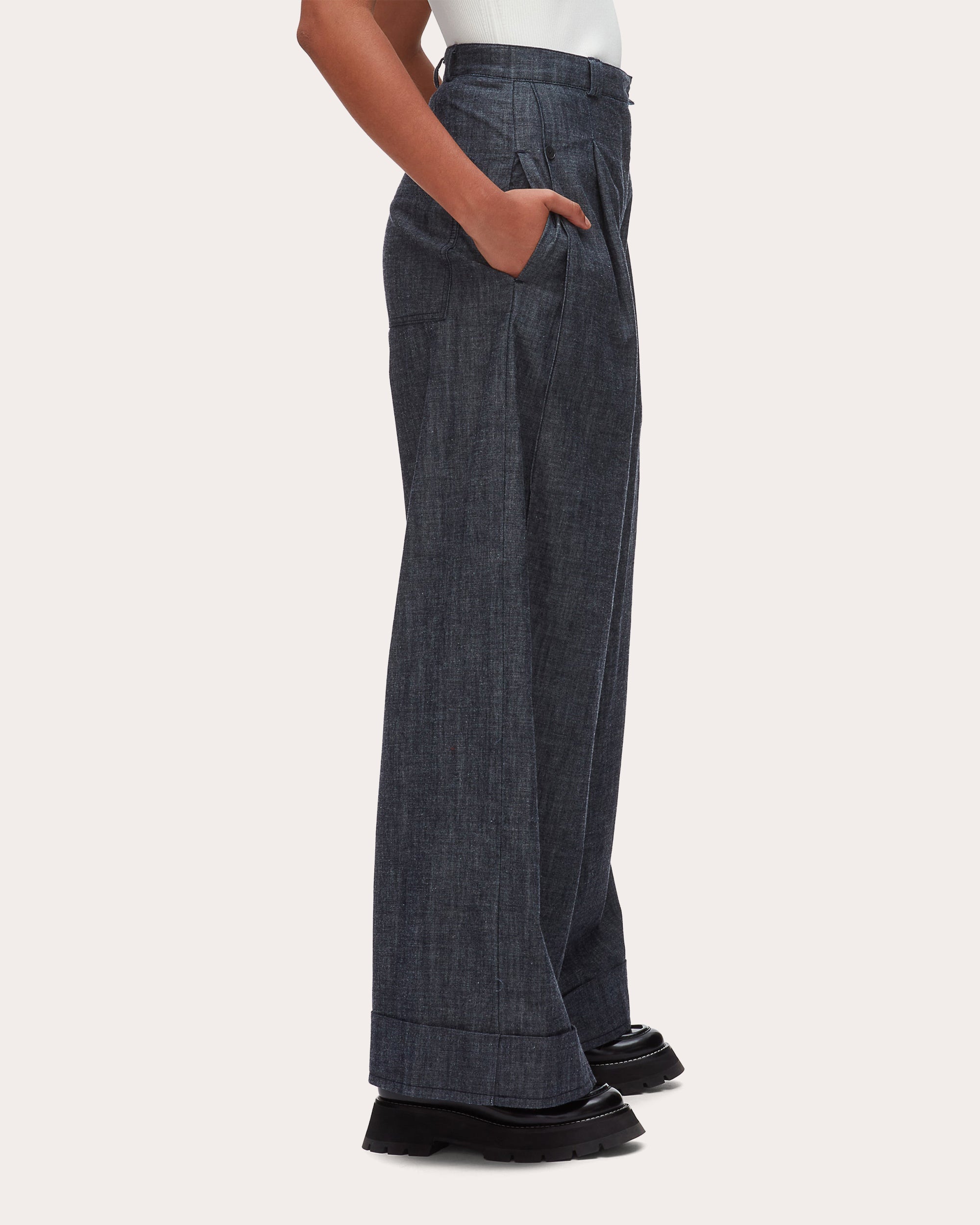 Denim Chambray Pleated Wide-Leg Pants