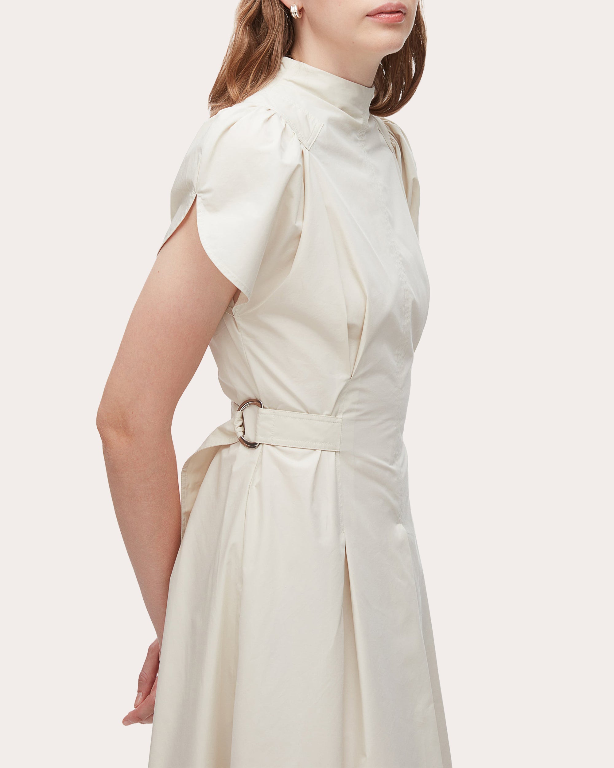 Cotton Poplin Pleated Tulip-Sleeve Midi Dress