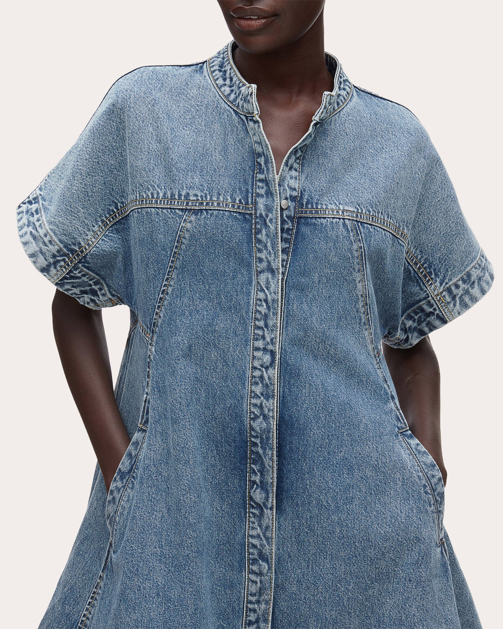Denim Short-Sleeve Trapeze Dress