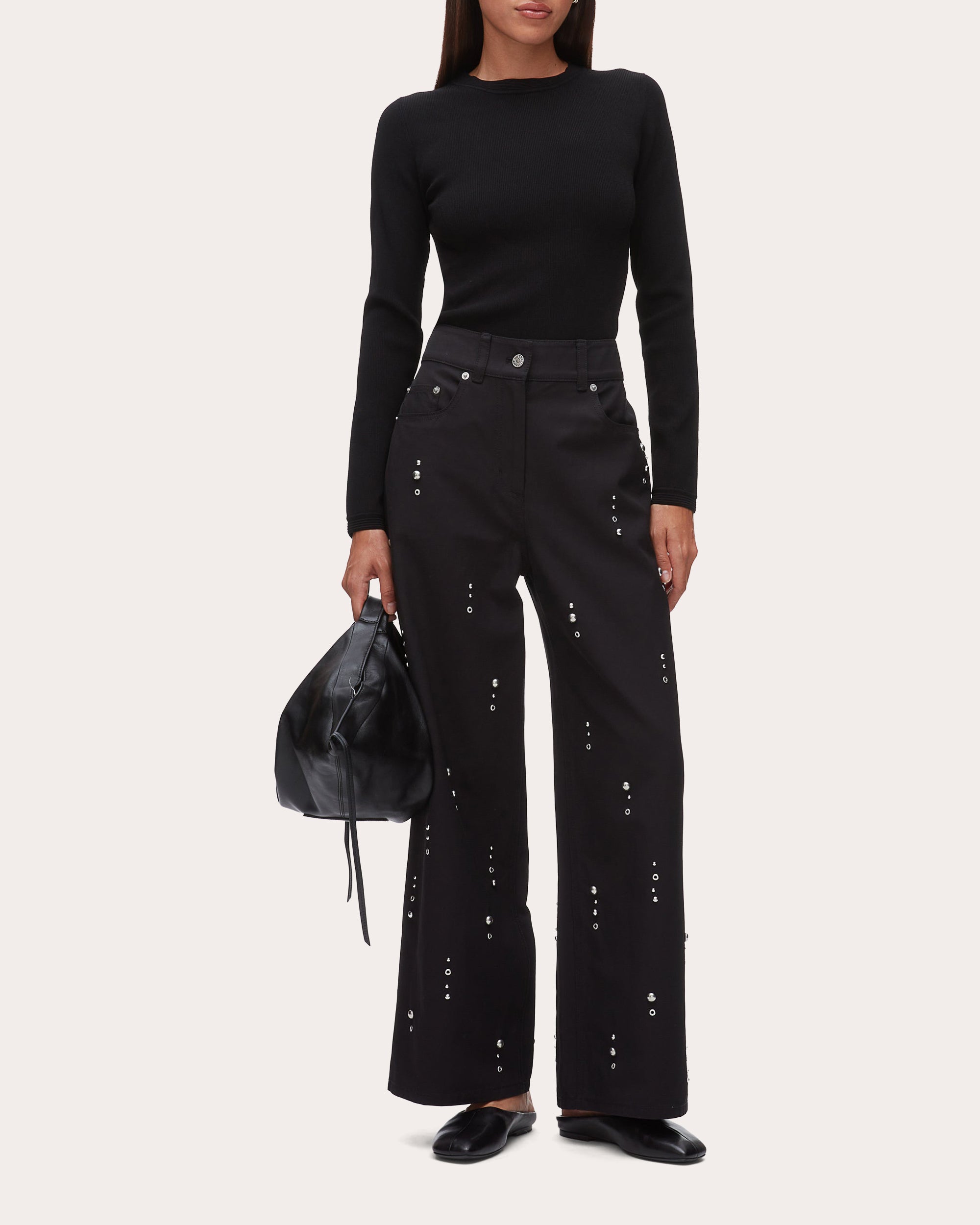 Studded Twill Wide-Leg Pants