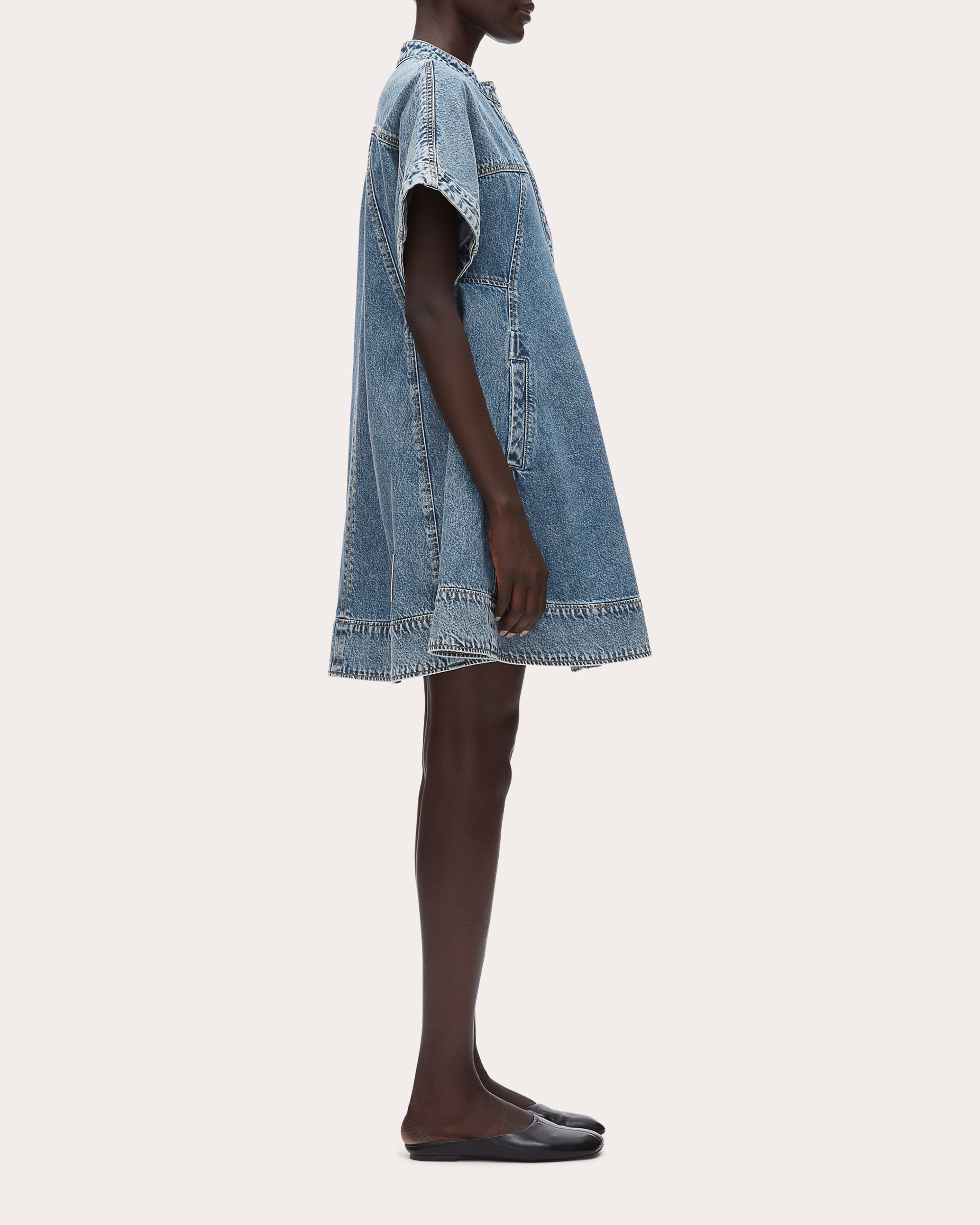 Denim Short-Sleeve Trapeze Dress