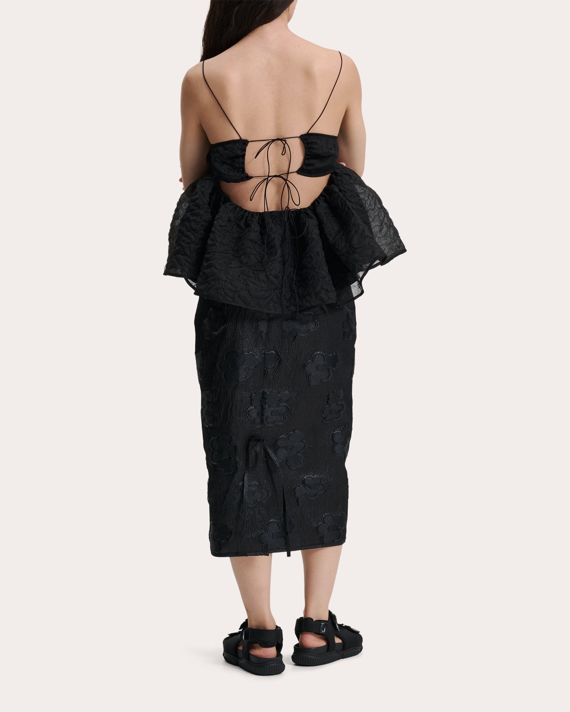 Selena Gathered Matelassé Tie-Back Peplum Top