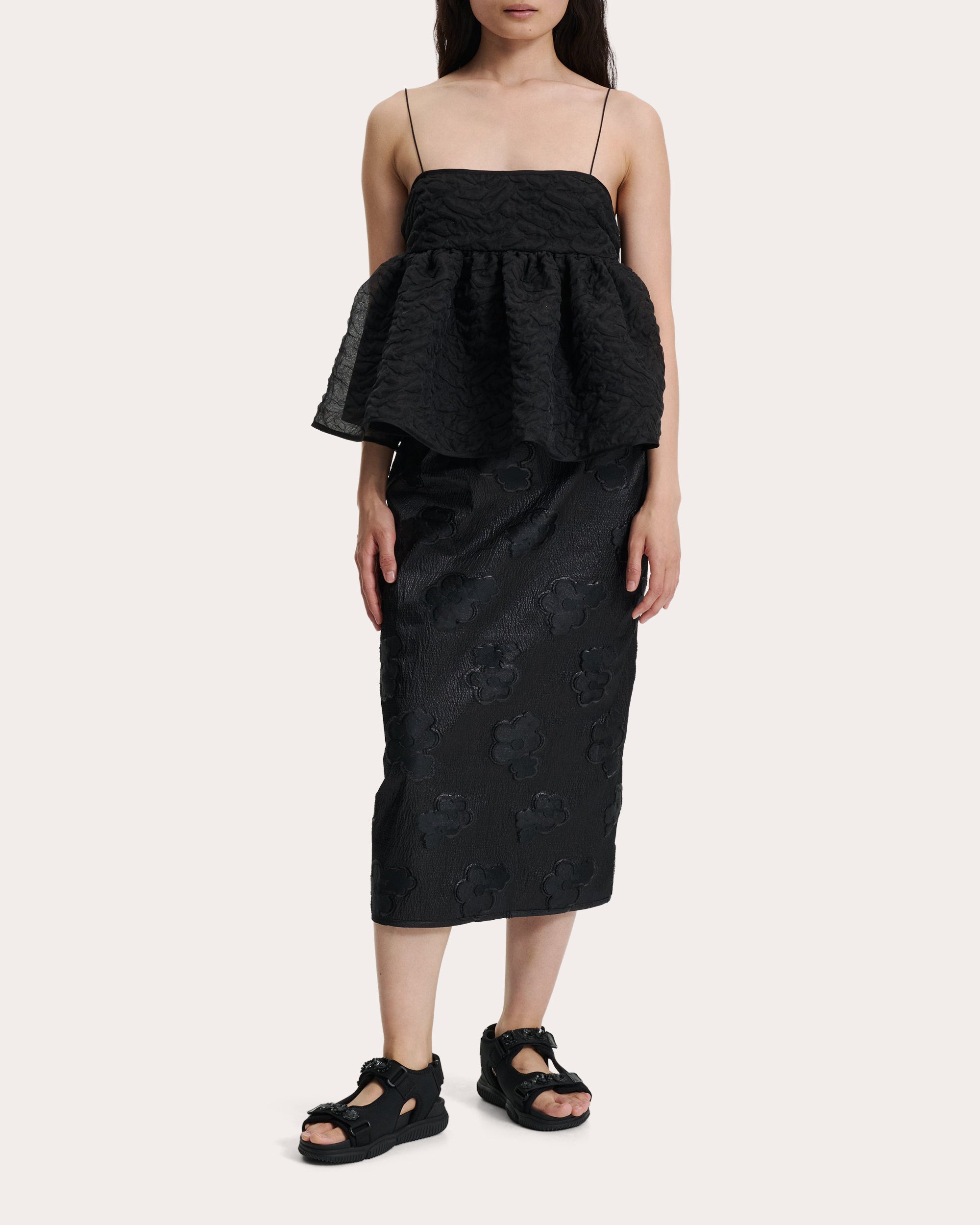 Selena Gathered Matelassé Tie-Back Peplum Top