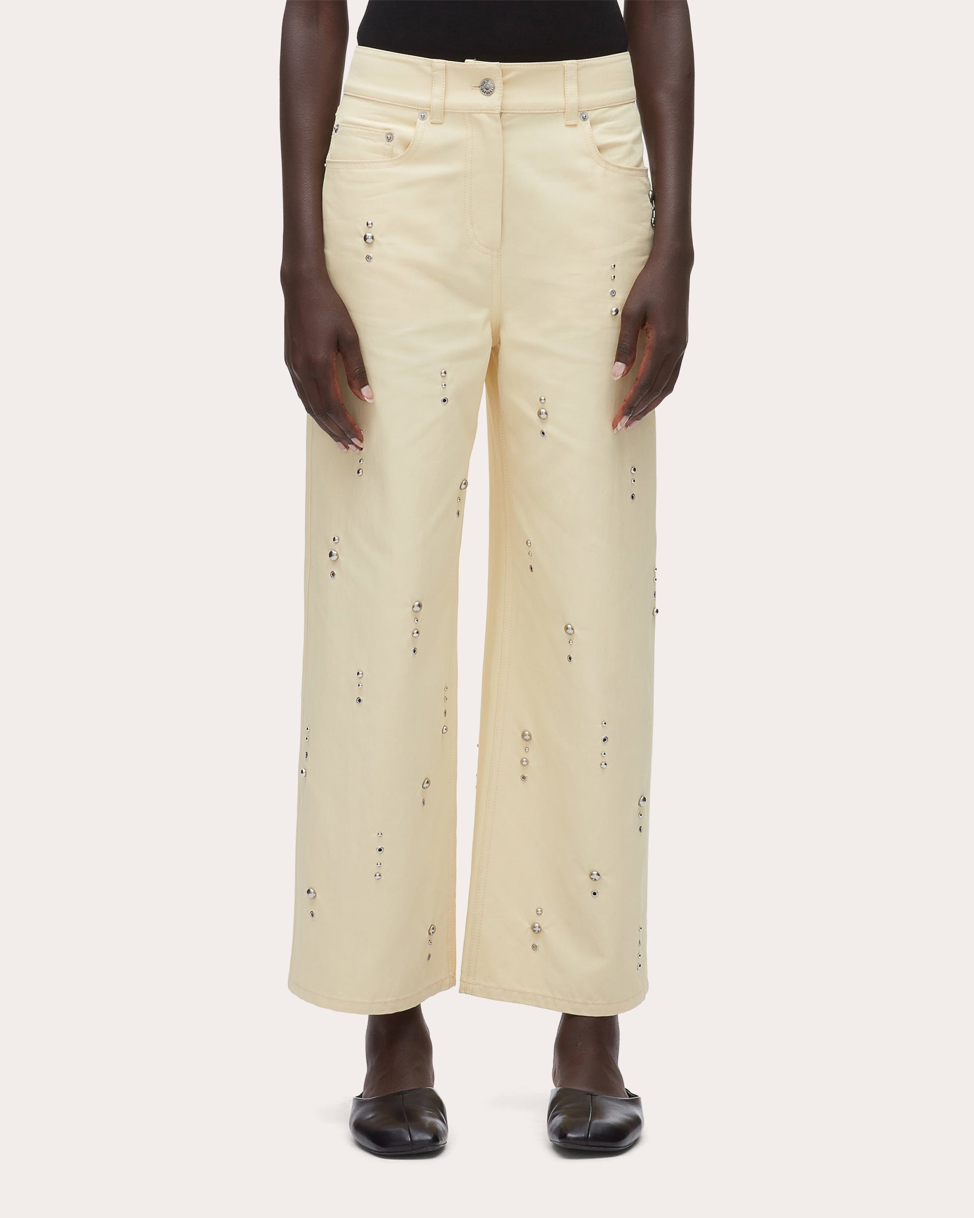 Studded Twill Wide-Leg Pants