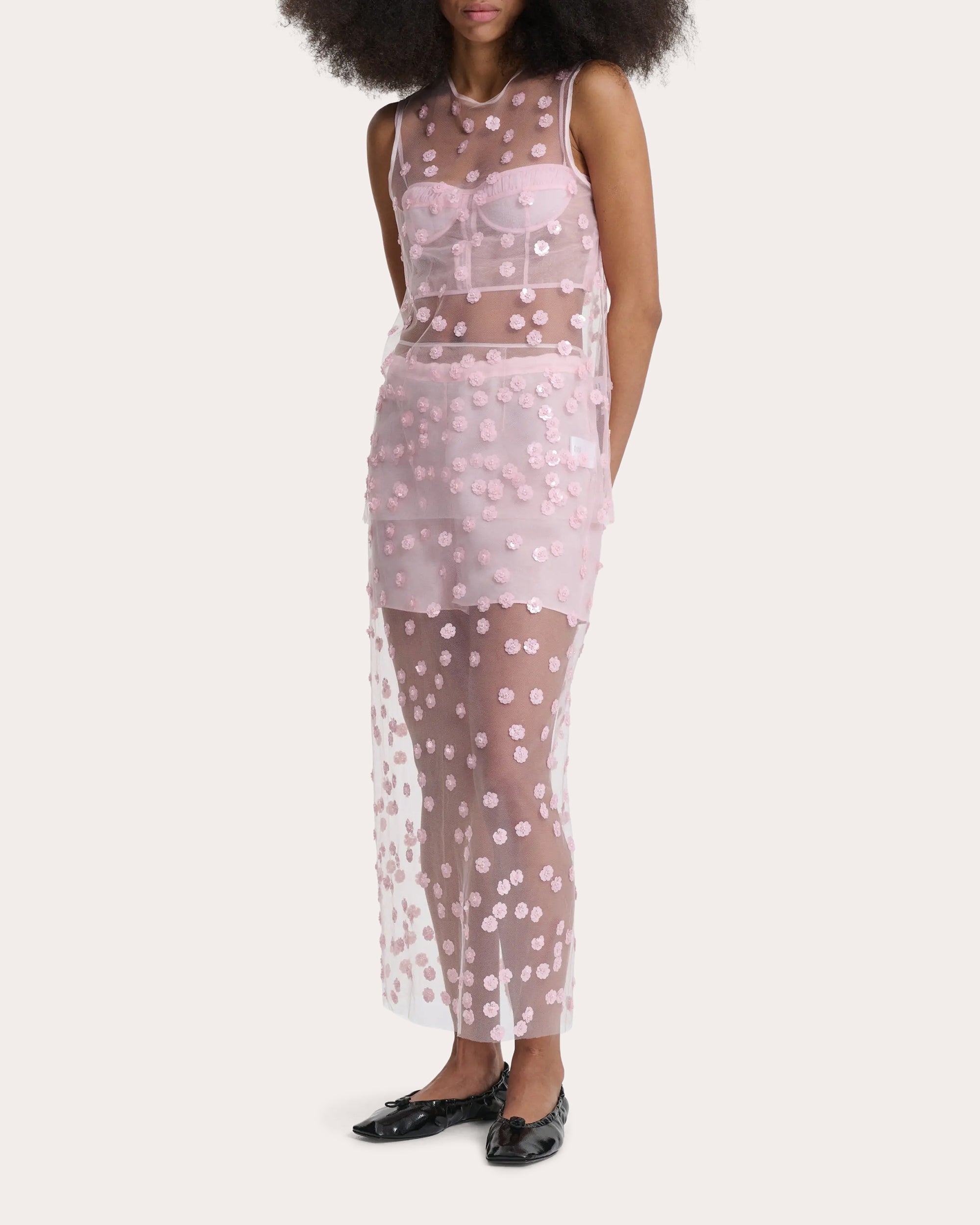 Gus Sequin Floral Sheer Tulle Pencil Skirt