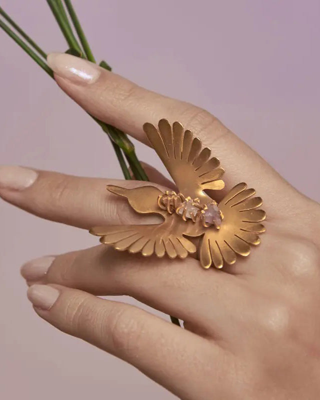 Amethyst & Rose Quartz Hummingbird Ring