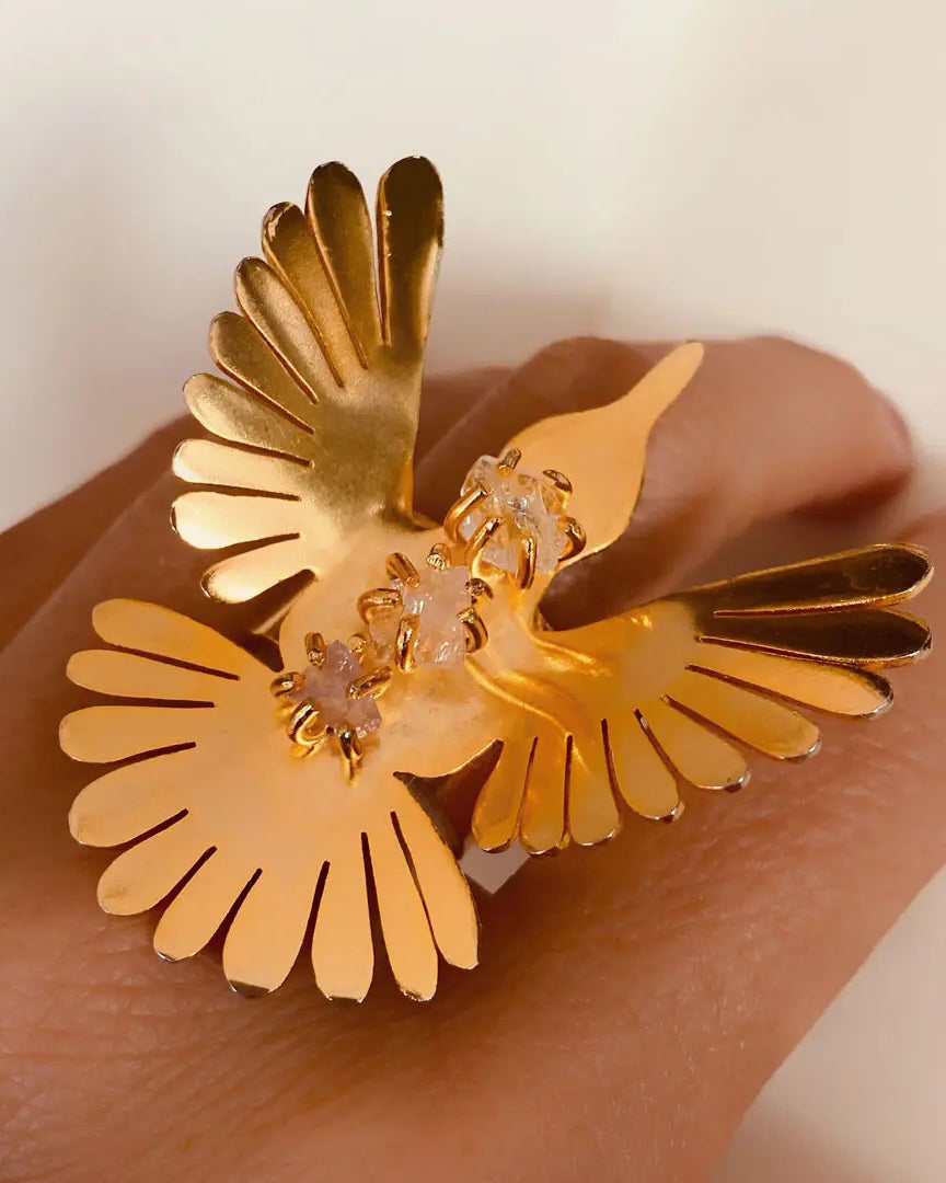 Amethyst & Rose Quartz Hummingbird Ring