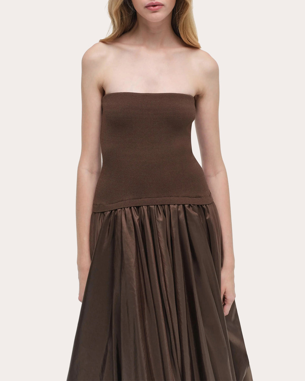 Izzy Knit Taffeta Gathered Strapless Midi Dress