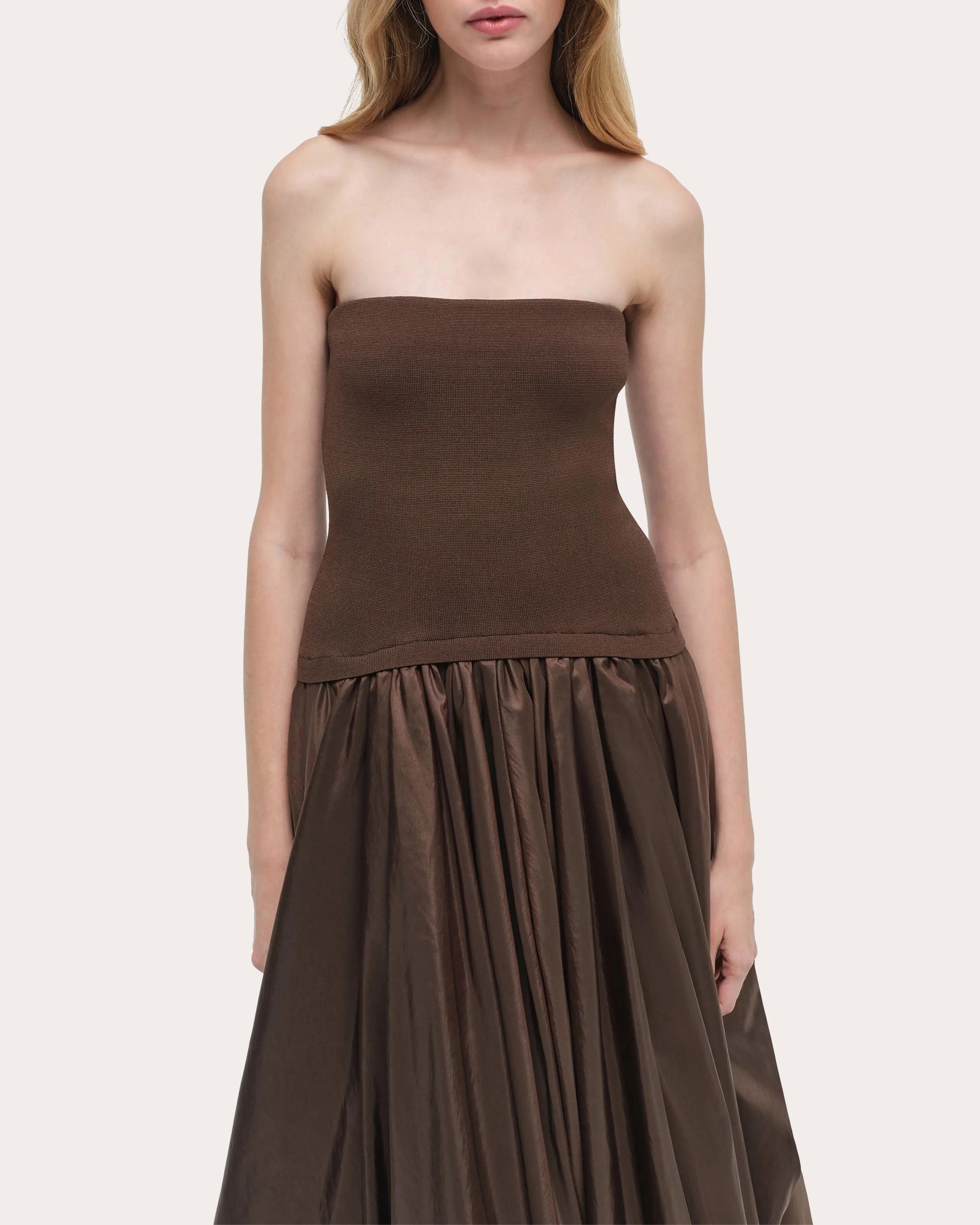 Izzy Knit Taffeta Gathered Strapless Midi Dress
