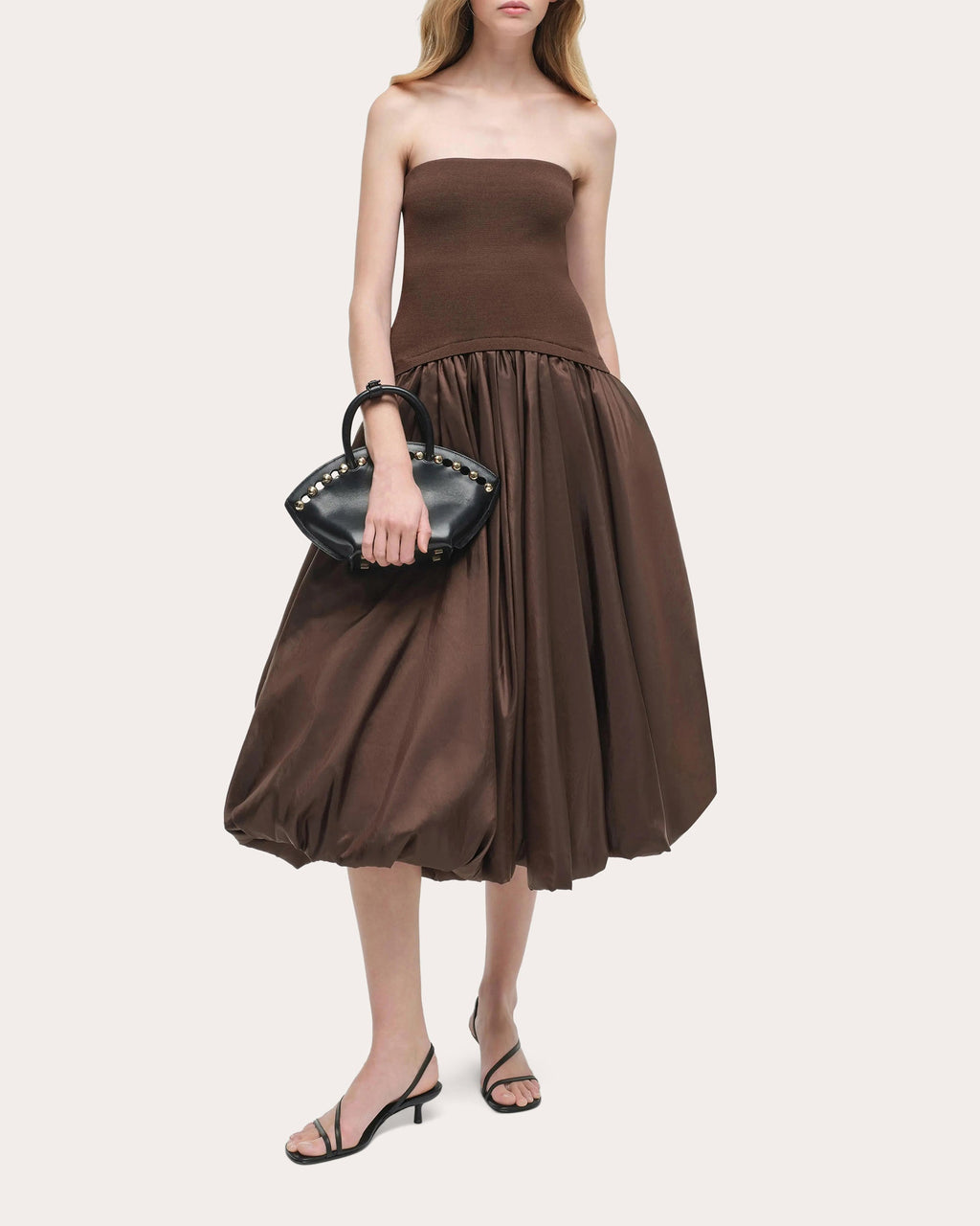 Izzy Knit Taffeta Gathered Strapless Midi Dress