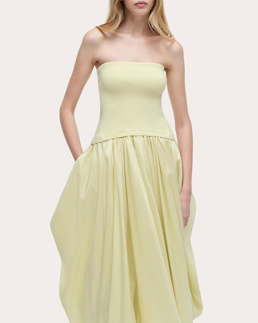 Izzy Knit Taffeta Gathered Strapless Midi Dress
