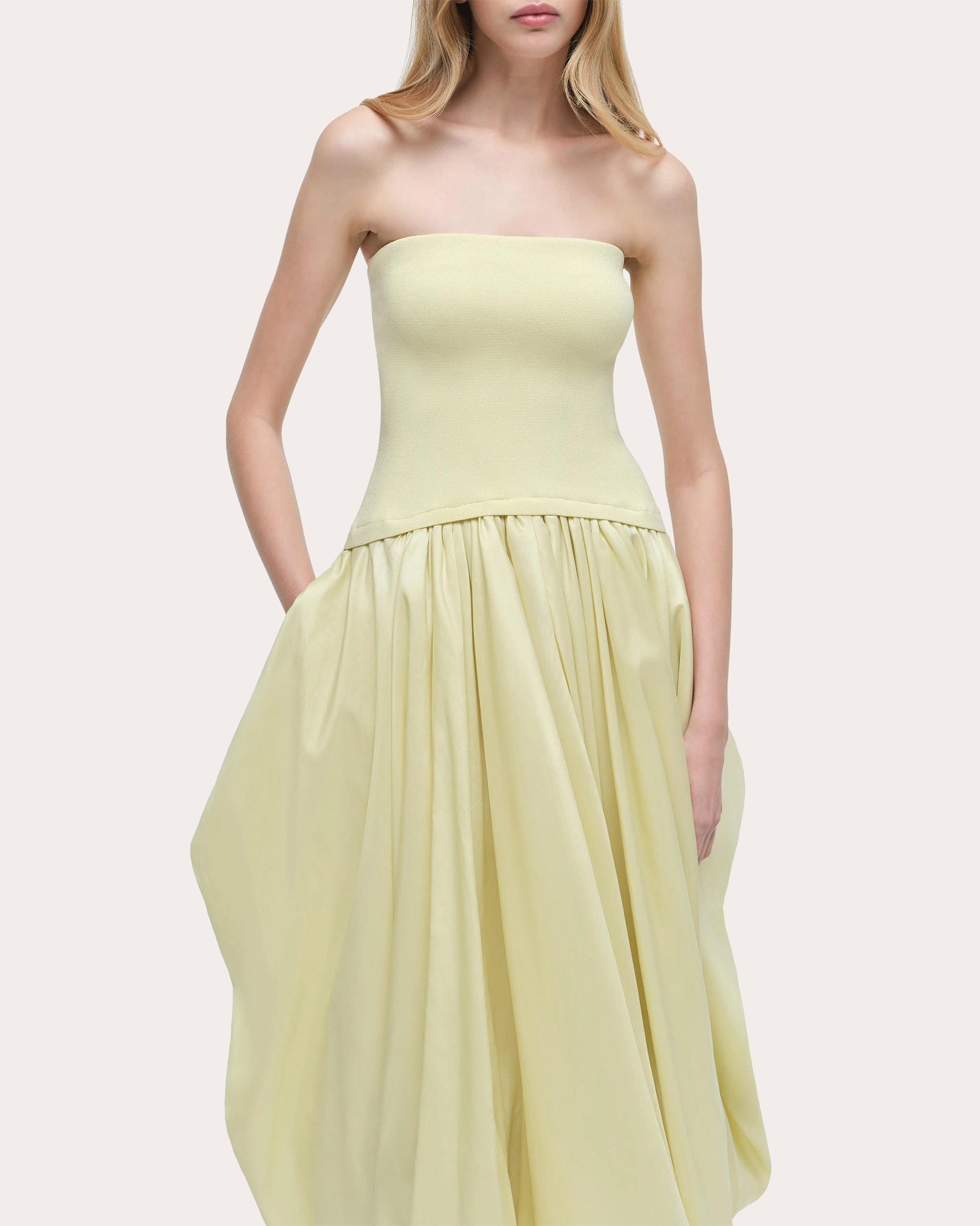 Izzy Knit Taffeta Gathered Strapless Midi Dress