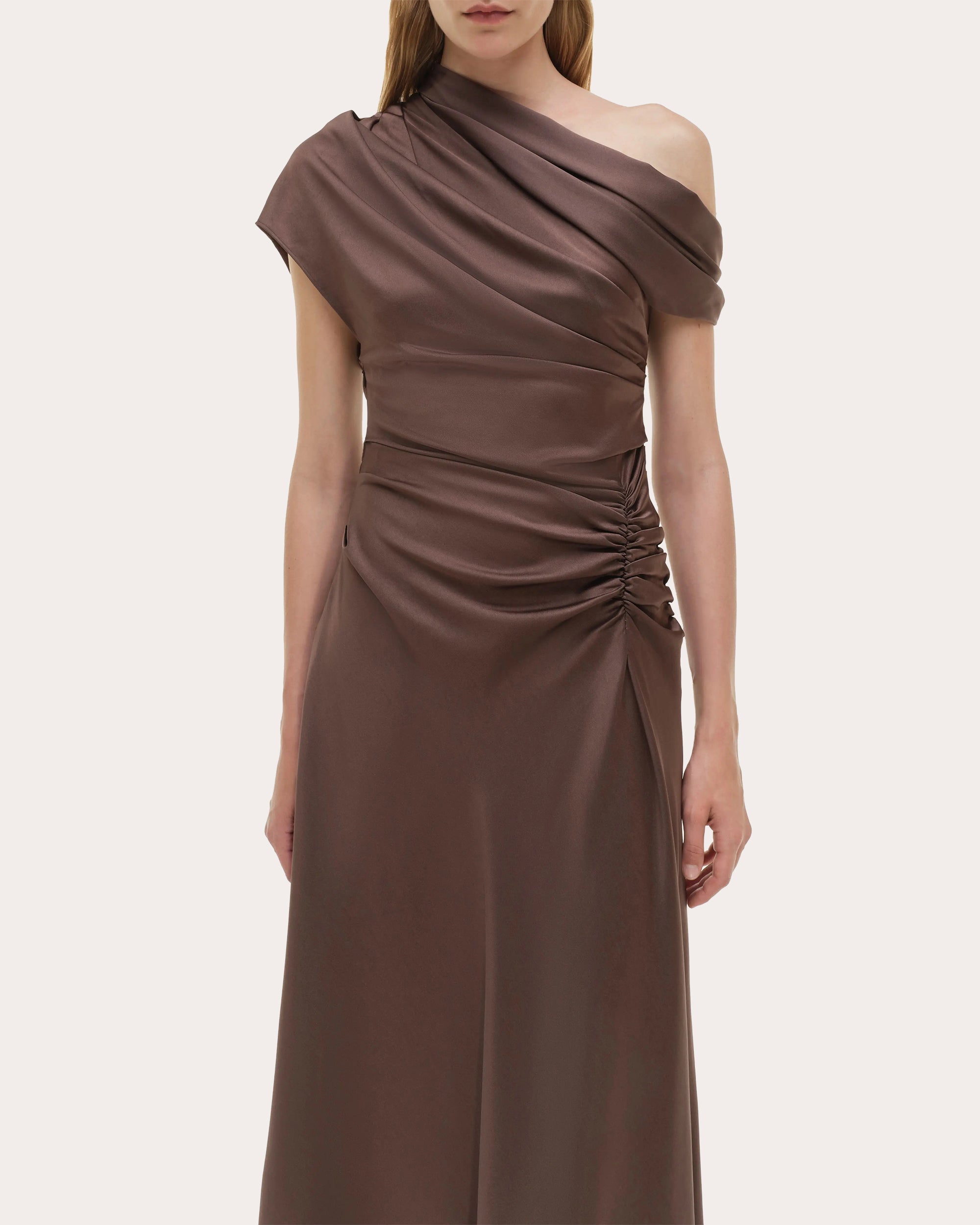 Joanna Satin Draped Asymmetric Midi Dress